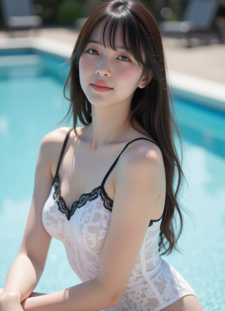 Swimwear、NFSW、(Highest quality:1.4),(masterpiece:1.4),(Realistic:1.4),(Realistic:1.2),(超High resolution, RAW Photos:1.4),(High resolution, Very detailed:1.2),(8K:1.2),View your viewers,Cinematography,One Girl,skeletally correct,Black-haired woman,(Small earrings,necklace,,View from the front),(,Ocean