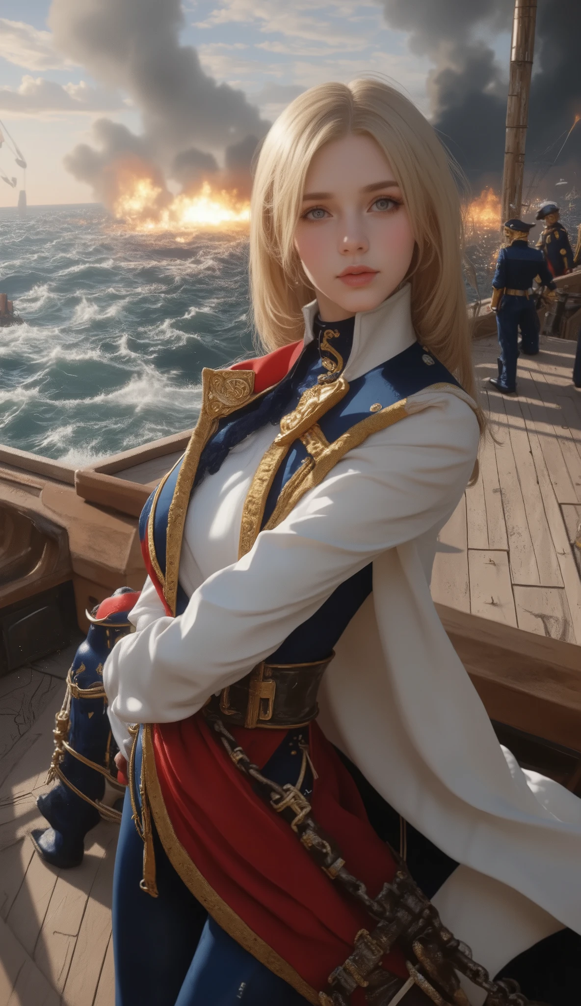 (Highest quality, high resolution, masterpiece:1.4), 8k, Battle of Trafalgar, female captain standing on the deck of the British flagship, intense gunfire, enemy ships on fire, water columns rising from gunfire