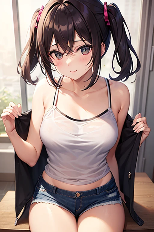 （Masterpiece、high quality、high resolution）1 Girl、Brown Hair、Tank top、Shorts、Cleavage、marathon、Sweat