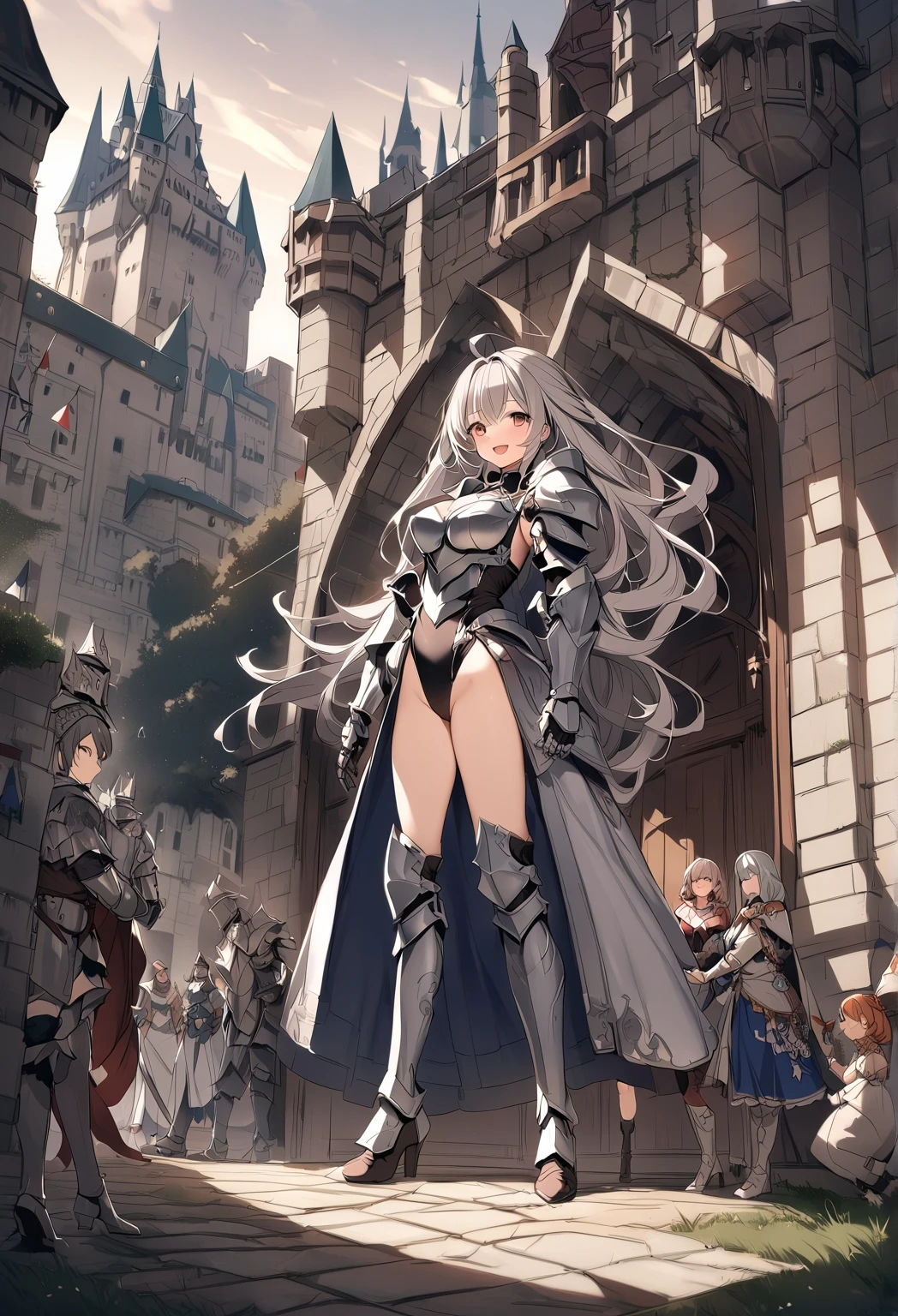 Female Generals、Female Knight、Underarm、leotard、High Leg、Shining Steel Armor、Sword in hand、Accompanied by a knight、Cape、Serious expression、Please open your mouth wide、ride a horse、A large number of soldiers
