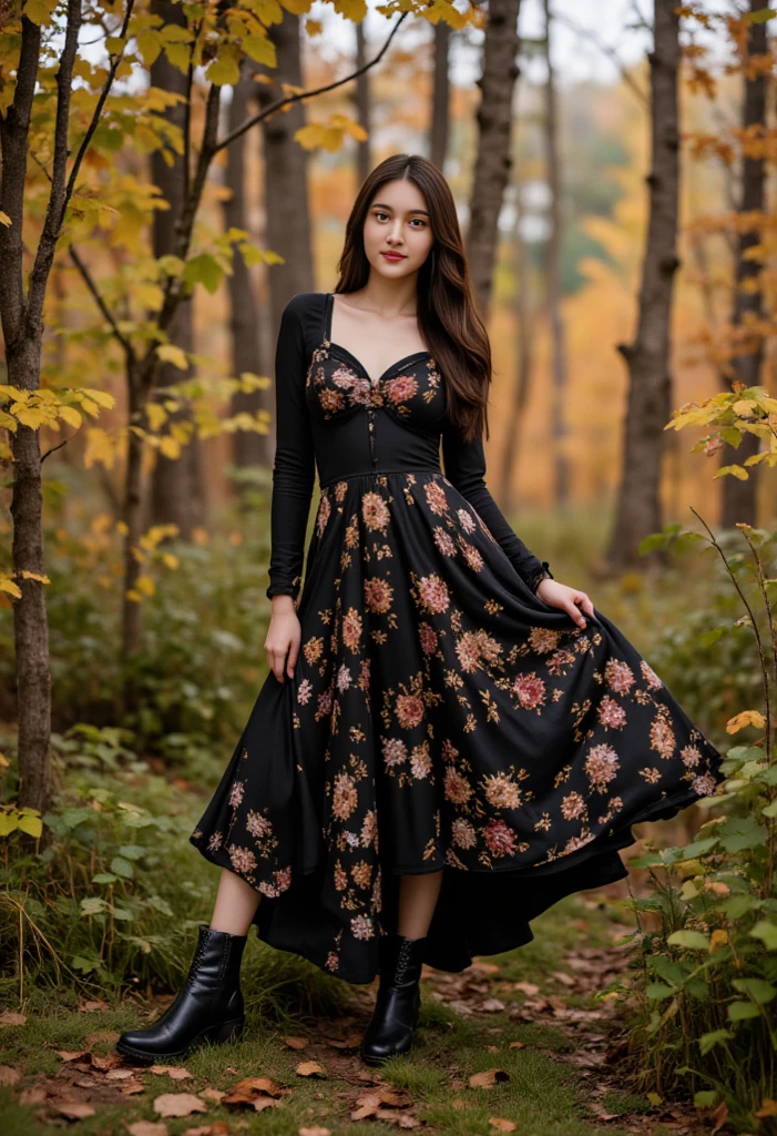 A beautiful young woman with long wavy hair wearing black floral print ...
