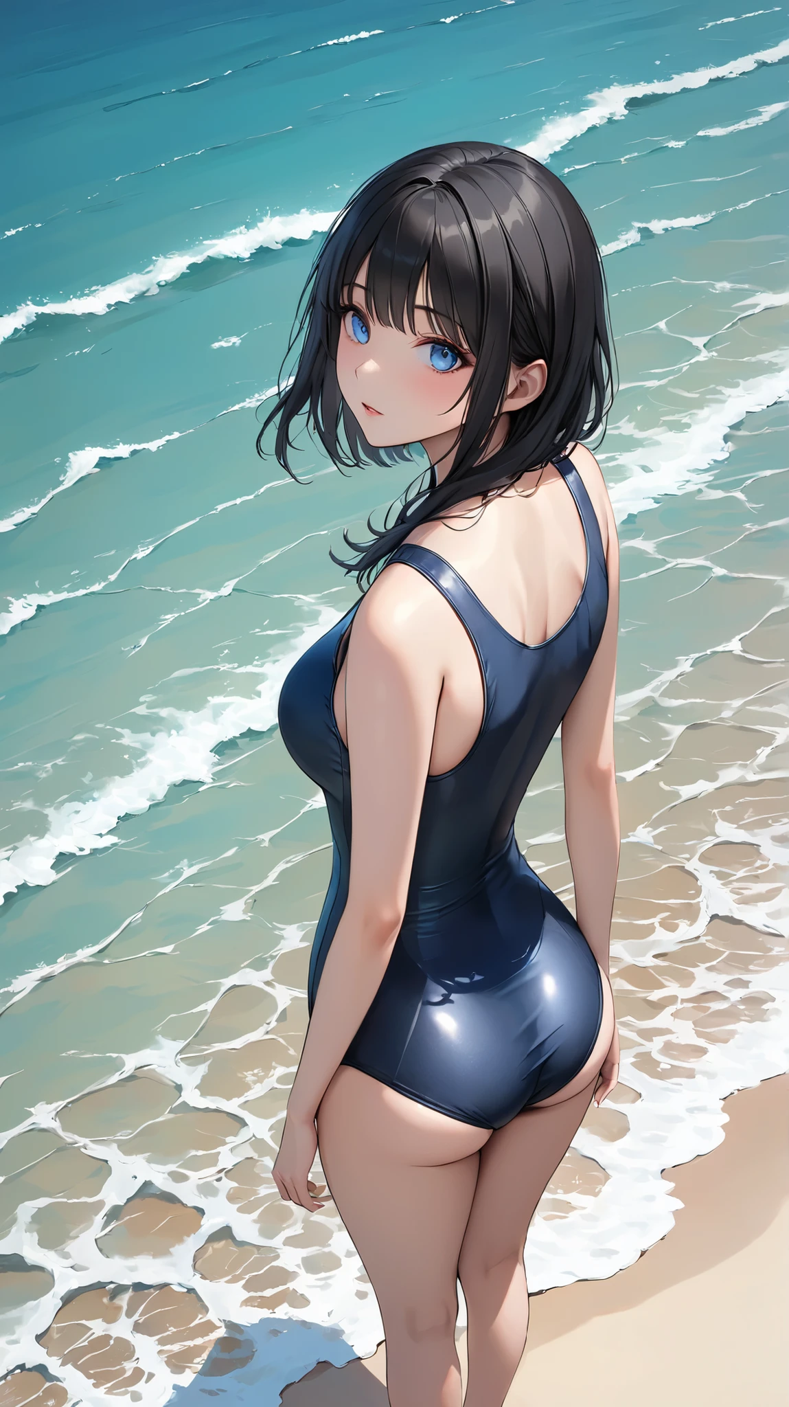 (masutepiece:1.2), (Best Quality:1.2), hyper detailed illustration,beautiful artwork,(Extreme Detail CG Unity 8K wallpaper、masterpiece、top-quality)、(exquisite lighting and shadow、highly dramatic picture、cinematic lens effects)、Young woman posing in the sea in swimsuit, 1girl in, (School Swimsuit:1.3), Solo, onepiece swimsuit, Outdoors, Short hair, (Wet:1.2), Sun, Looking at Viewer, playing in the water, breasts, Covered navel, skyporn, Water, Black hair, Smile, cloud, (Brown eyes), competition swim suit, day, Small breasts, Bangs, Sunlight, ass visible through thighs, Blue one-piece swimsuit,(Wet),(from behind),(Water splash:1.1),(straggling hair),(arched body:1.1), (Dramatic Horizon),(Radiant Sunset),Look back,(Sweat:1.2),(A big smile:1.2),(Bokeh:1.2),A big smile,