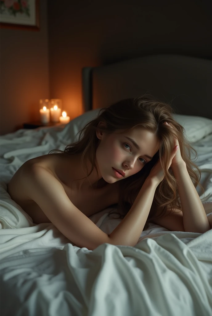 Eighteen year old, 18, youthful, skinny, slim, pale skin, white skin, naked, nude, full body in shot, nice bum, cute bum, bedroom, short height, blue eyes, pale eyes, looking at camera, British, girly bedroom, nighttime, late night, realistic, photorealistic, completely naked, completely nude, hair in bun, American, soft focus