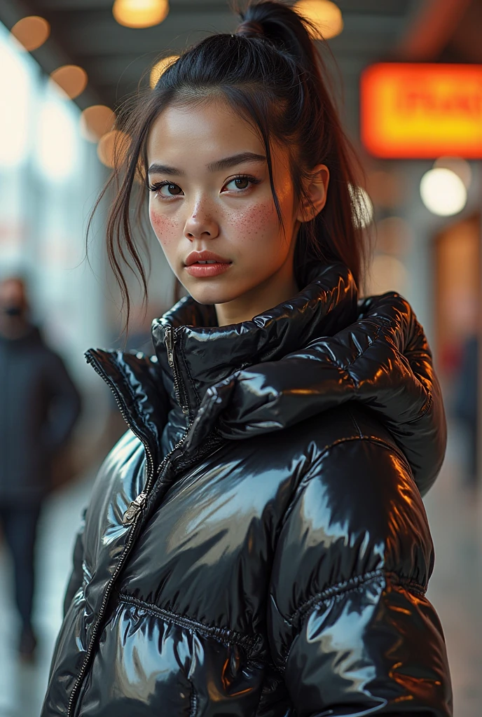 Beautiful asian 16 year old girl, black shiny north face puffer jacket, satin adidas shorts, sexy pose, large breasts, blue silk bra