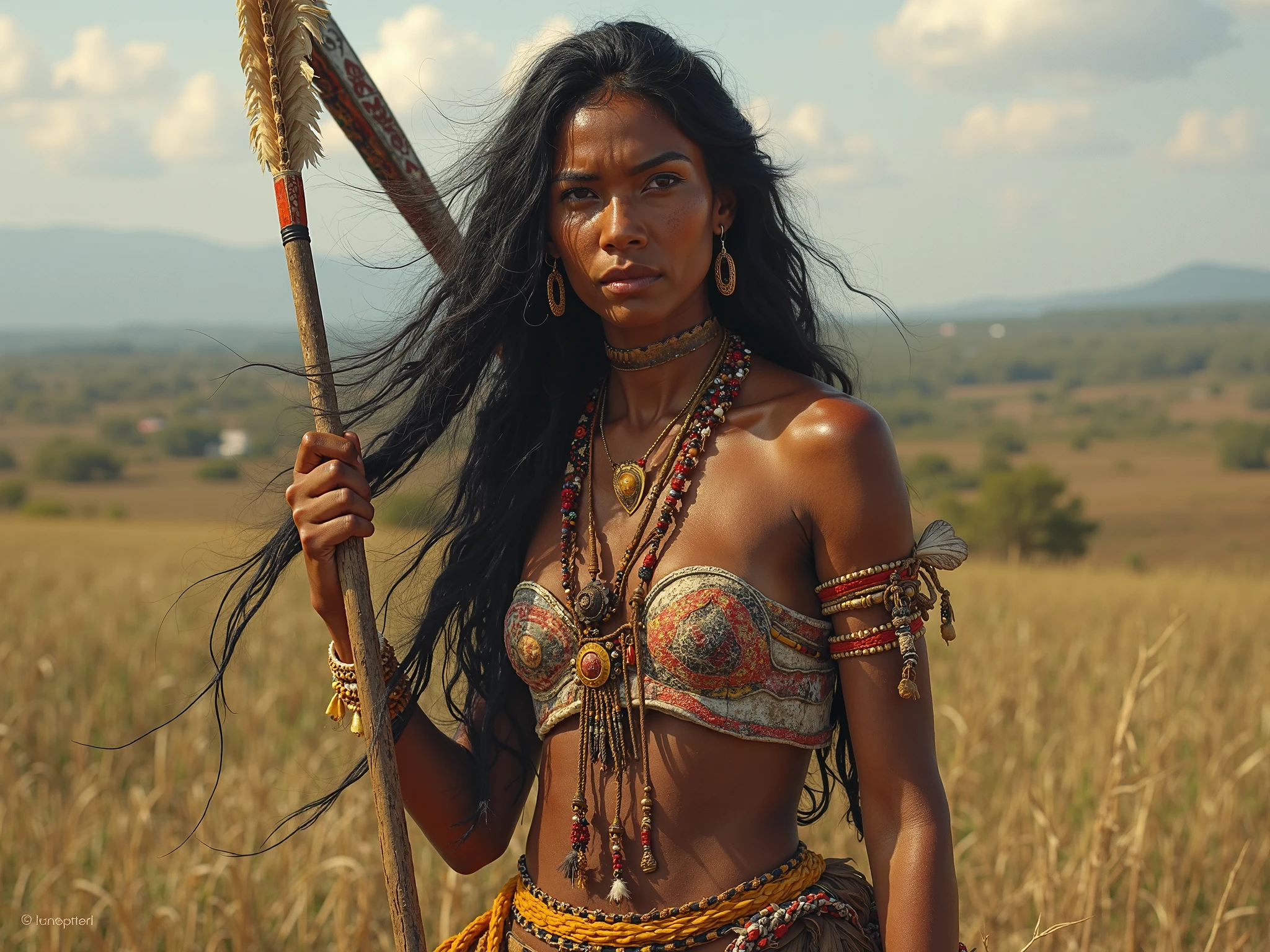 photoréaliste, Ultra détaillé, ((1fille africaine)), un portrait extraordinaire, 8K chef-d'œuvre, photo d'une fille séduisante,
((fille de tribu)), musclée, Peuples tribaux, (peau sombre intense), Moyen-Orient Personnes, (fille exotique), (((peau sombres luisantes))),
beau-mignon, princesse des savanes, ((tribe guerrière, corps en forme parfaite)), ((femme chamois, cheveux ondulés longs)),
pantalons médiév