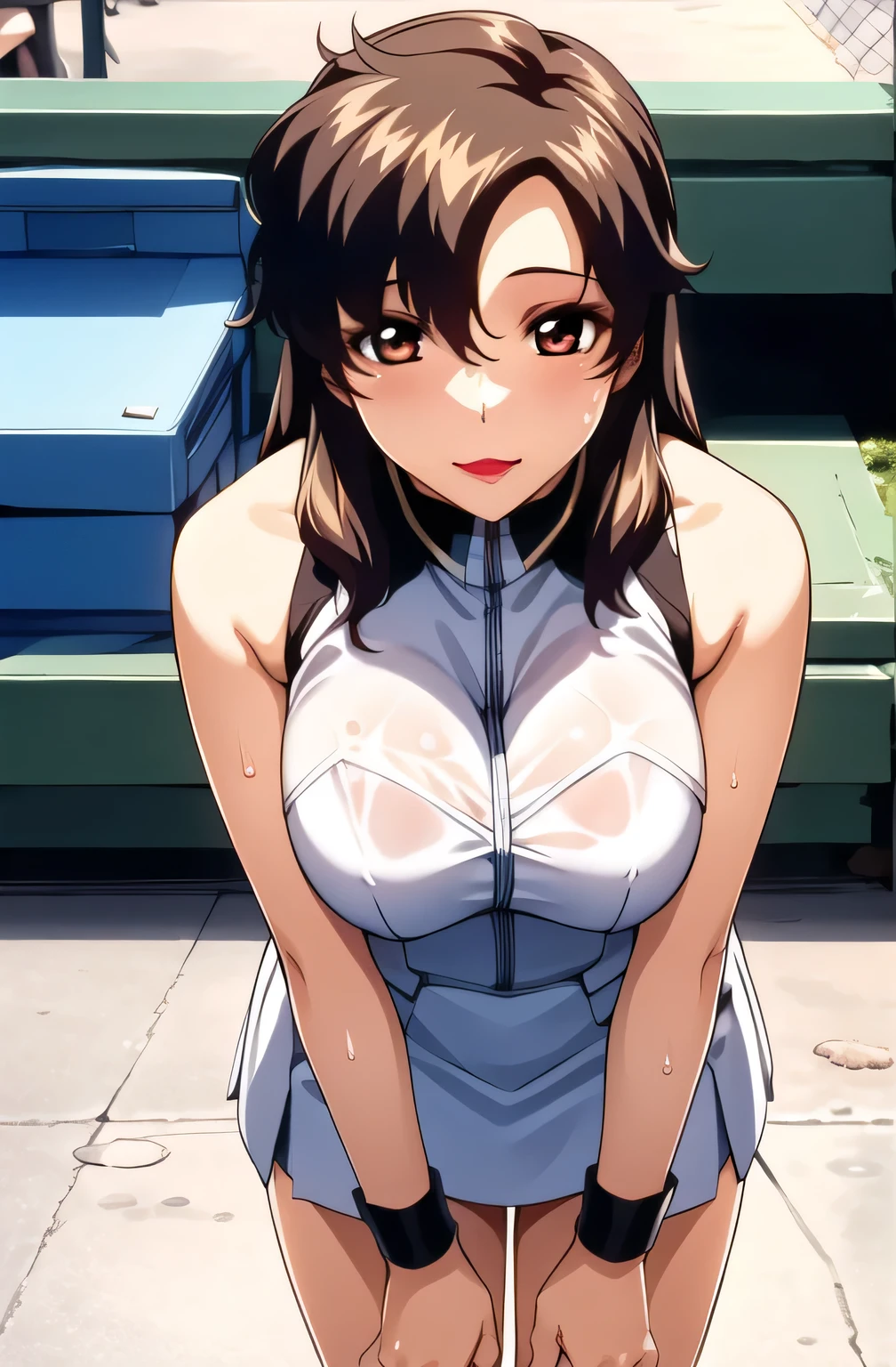 looking at the camera、When I Look at You、lookatviewer、Anime Style、Eroge、1 Girl,  (Huge breasts), (Tight white camisole dress)、Low Angle、Brown haired, hair band、Bob Hair、The forehead is visible、blush,The whole body is visible:1.5、Dolphin Shorts、Cleavage、O-neck、Accentuate your breasts、Arms folded behind back
