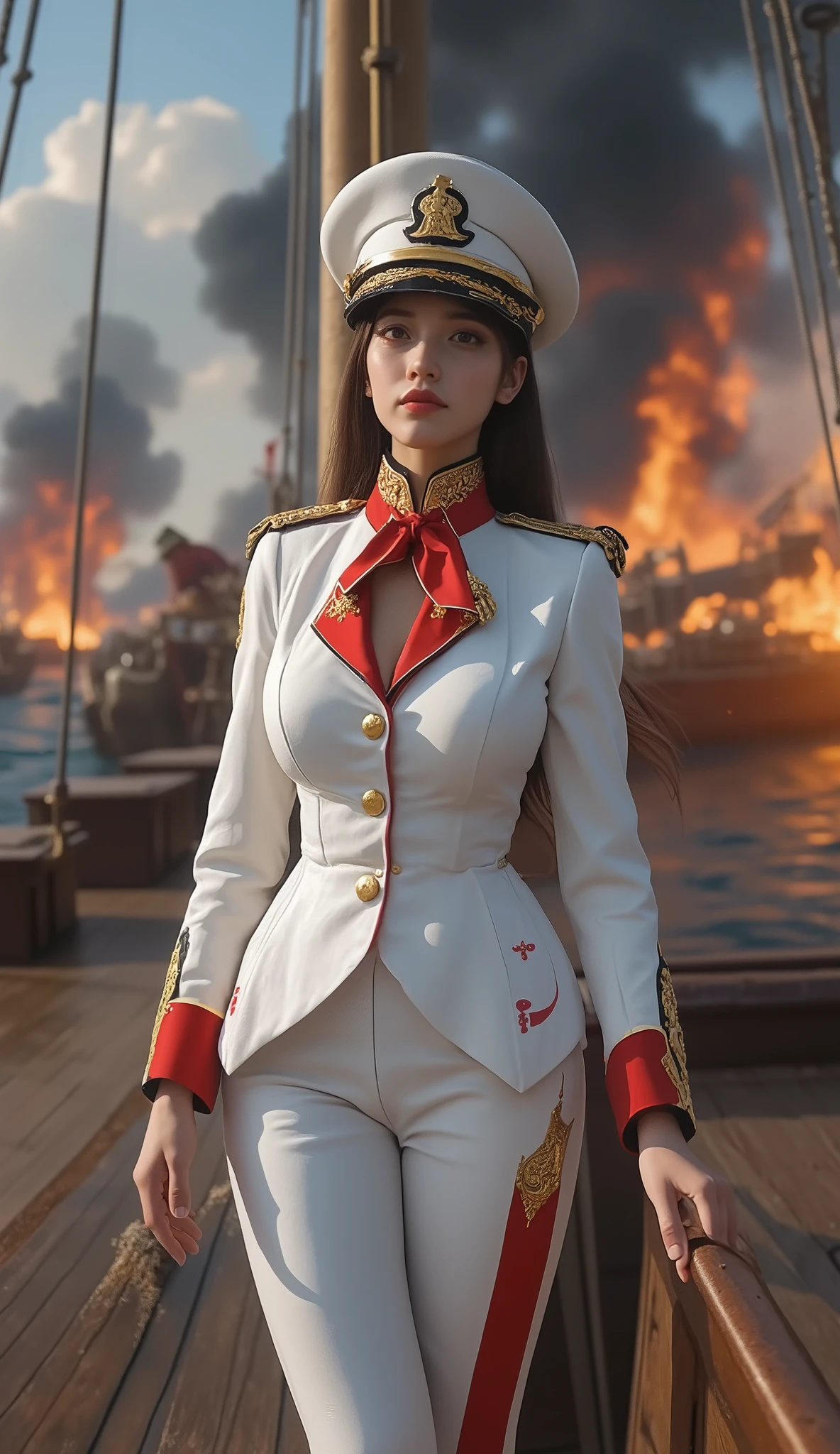 (Highest quality, high resolution, masterpiece:1.4), 8k, Battle of Trafalgar, female captain standing on the deck of the big British flagship, intense gunfire, big enemy ships on fire, water columns rising from gunfire