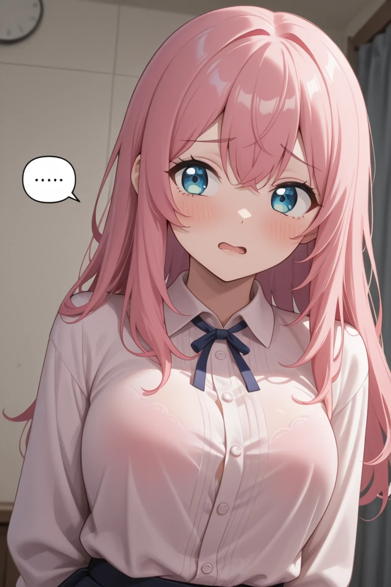 masterpiece, best quality, 1girl, ahegao, pink hair, blue eyes, white shirt, looking at viewer, tongue out, rolled eyes
