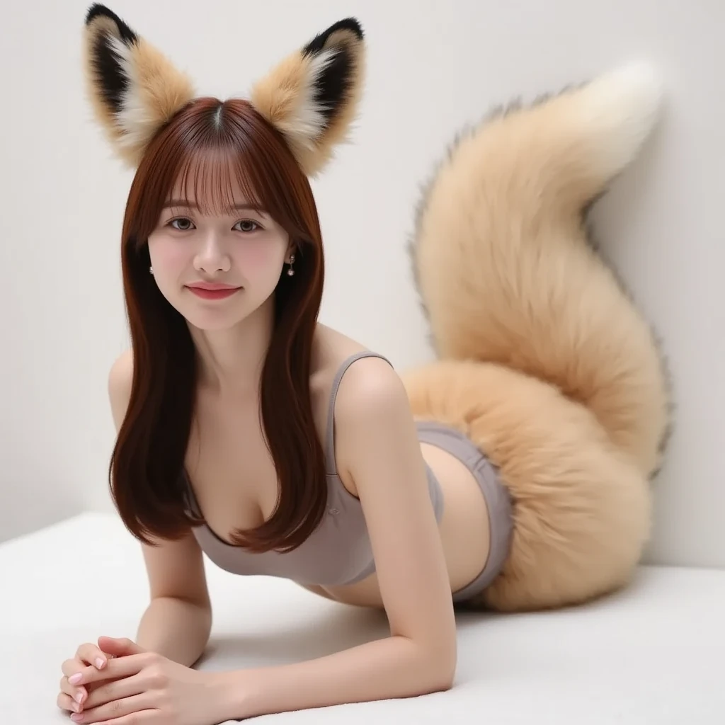 ((highest quality, 32k)), ((masterpiece)), (Familiar), Perfect Face, vixen, Pretty girl, On the bed, Has a tail, She has a northern fox tail., She stands up her fluffy tail, Dog collar, Beautiful hip line, Big Breasts, She is wearing underwear, A big tail sticks out,Nice body, smile