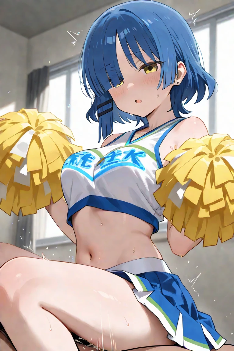 Alluring expression、Cheerleader、Ultra-detailed illustrations、Ultra-precise expression、masterpiece、Highest quality、ultra High resolution、High resolution、Hiromitsu Takeda Style、White background、Simple Background、One girl、solo、Mash Kyrielight、light purple hair、short hair、hair over one eyes、Purple eyes、Open your mouth、Large Breasts、Big Breasts、Erect nipples、Choker of Hearts、White Breath、Sweat、Glowing Skin、shiny skin、Front angle、View your viewers、stand、Raise one leg、