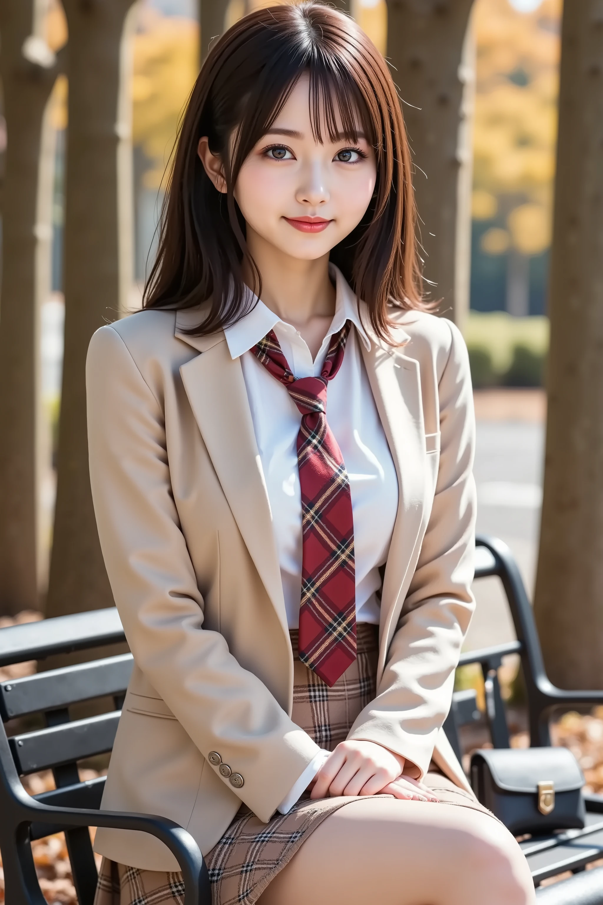 sakura, huge breast, by adjusting the framing so the subject's full head is visible within the composition, with the crop showing only from just above the bust to slightly above the top of the head. Ensure there is a comfortable amount of background space above the head to establish spatial context. a highly realistic digital illustration depicting the upper body outfit and background of a girl sitting outdoors during golden hour, by adjusting the framing so the subject's full head is visible within the composition, with the crop showing only from just above the bust to slightly above the top of the head. Ensure there is a comfortable amount of background space above the head to establish spatial context. She is wearing a fitted beige school blazer with structured shoulders, crisp lapels, and clearly defined seams. The fabric texture of the blazer reflects subtle lighting and shows slight natural folds along the sleeves and torso.
Beneath the blazer, she wears a white collared shirt, the collar tucked under the lapels. A red and black plaid necktie is tied tightly, centered and flat against her chest. Below the blazer, the brown plaid pleated skirt begins, designed with a tartan pattern made of intersecting red, black, and muted beige lines. The pleats are soft and follow the natural flow of the fabric, catching light and shadow realistically.
The girl sits on a black-painted metal bench with curved armrests and slatted seating, the paint slightly reflective. A small black handbag with a flap and metal clasp rests beside her, subtly integrated into the bench. Her hands are placed lightly on her lap, adding to the composed posture.
The background features a calm park during late afternoon. Behind the bench, several tall trees rise with textured bark and sparse branches. Their leaves are colored in autumn tones—golden yellow, soft orange, and fading green—filtering the sunlight. The lighting casts soft shadows on the bench and the girl's clothes. In the distance, a