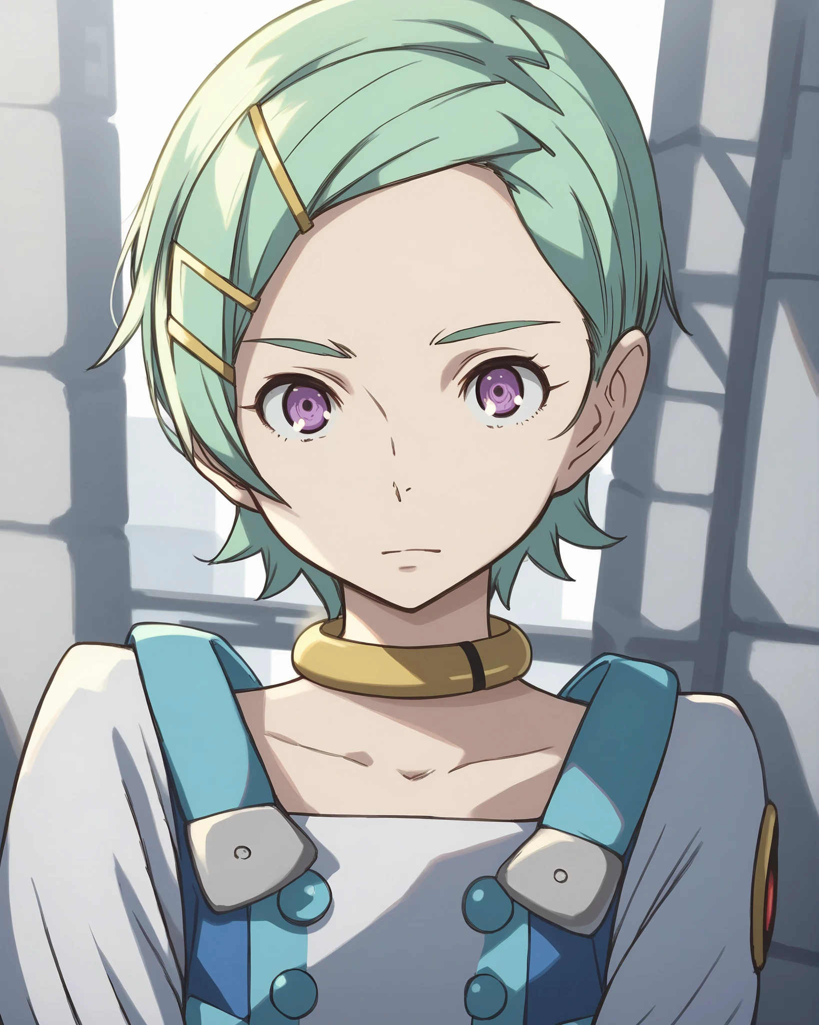 score_9,score_8_up,score_7_up,best quality, 4K, rating_safe, is very aesthetic, source_anime,1 girl,
Eureka ,PURPLE EYES,dark hair,short hair,Hair Ornament,hair clip,yellow color,dress,long sleeve,clavicle,amount,green hair、green eyebrows
dynamic angle,upper body,Watch Viewers,,