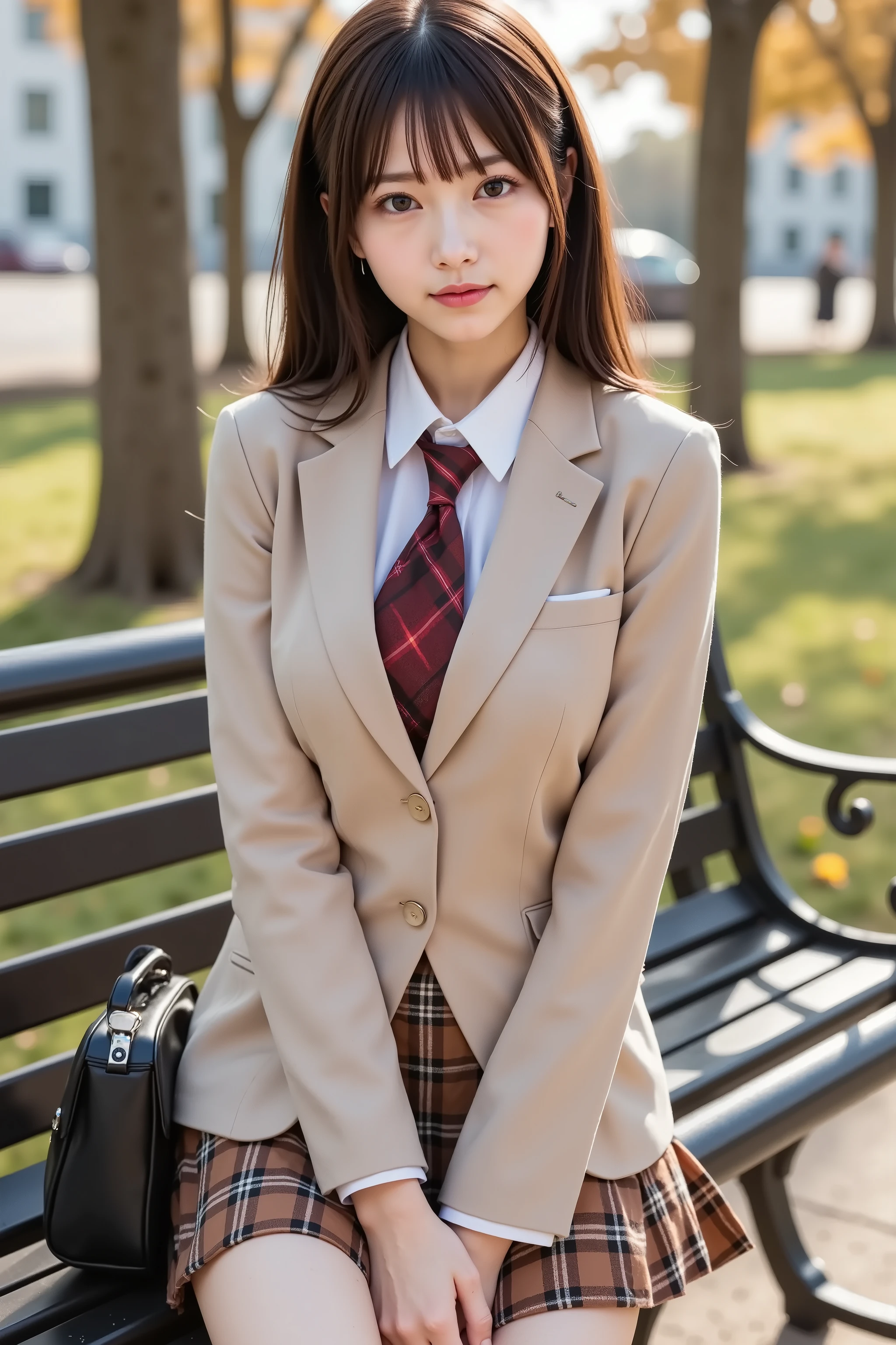 chihiro, firm breast, by adjusting the framing so the subject's full head is visible within the composition, with the crop showing only from just above the bust to slightly above the top of the head. Ensure there is a comfortable amount of background space above the head to establish spatial context. a highly realistic digital illustration depicting the upper body outfit and background of a girl sitting outdoors during golden hour, by adjusting the framing so the subject's full head is visible within the composition, with the crop showing only from just above the bust to slightly above the top of the head. Ensure there is a comfortable amount of background space above the head to establish spatial context. She is wearing a fitted beige school blazer with structured shoulders, crisp lapels, and clearly defined seams. The fabric texture of the blazer reflects subtle lighting and shows slight natural folds along the sleeves and torso.
Beneath the blazer, she wears a white collared shirt, the collar tucked under the lapels. A red and black plaid necktie is tied tightly, centered and flat against her chest. Below the blazer, the brown plaid pleated skirt begins, designed with a tartan pattern made of intersecting red, black, and muted beige lines. The pleats are soft and follow the natural flow of the fabric, catching light and shadow realistically.
The girl sits on a black-painted metal bench with curved armrests and slatted seating, the paint slightly reflective. A small black handbag with a flap and metal clasp rests beside her, subtly integrated into the bench. Her hands are placed lightly on her lap, adding to the composed posture.
The background features a calm park during late afternoon. Behind the bench, several tall trees rise with textured bark and sparse branches. Their leaves are colored in autumn tones—golden yellow, soft orange, and fading green—filtering the sunlight. The lighting casts soft shadows on the bench and the girl's clothes. In the distance,