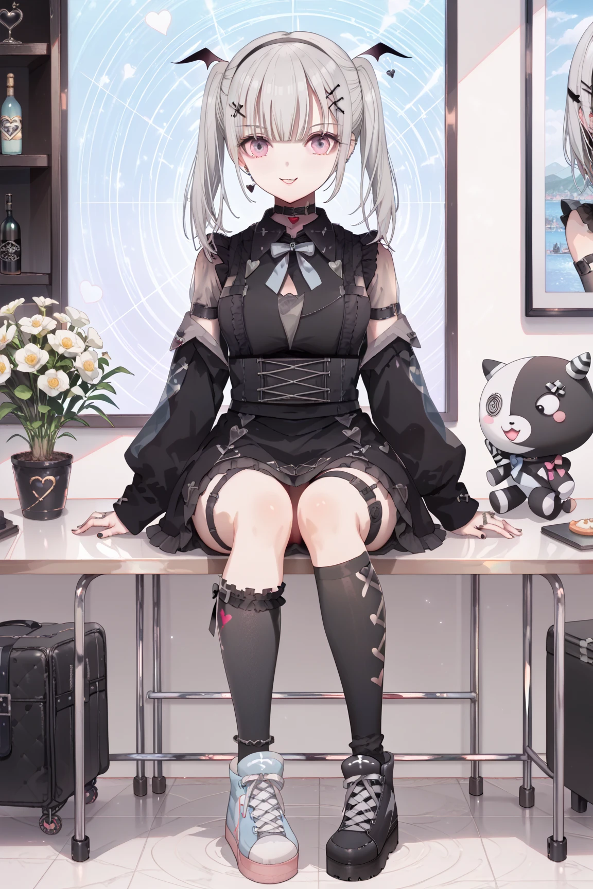 Masterpiece, best quality, official art, extremely detailed CG Unity 8k wallpaper, incredibly_absurdres, huge_filesize, art book, light, solo, , purple headband, blunt bangs, medium hair, platinum blonde hair, twintails, cute face, look at the audience, laugh, aqua green eyes, glowing eyes, medium breasts, school uniform, pleated_skirt, cross laced_ footwear, black pantyhose, watches, necklaces, sitting on bed, (full body)