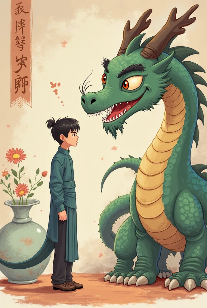 An illustration、A baby dragon with a silvery, fluffy body and golden eyes、An 18-year-old man with black hair and black eyes is holding her.