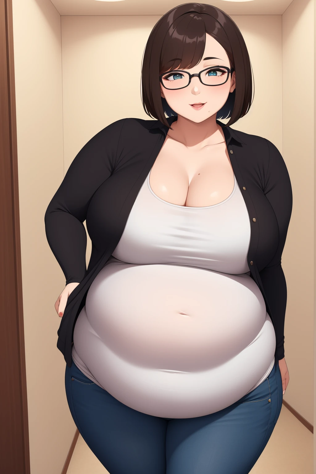 (masterpiece:1.2, best quality:1.2, beautiful:1.1, high quality, 4k:1.1, aesthetic), detailed, extremely detailed, ambient soft lighting, flawless, hires, 1girl, solo, summer clothes, big breasts, plump, thick thighs, arms at sides, brown hair, blue eyes, at the mall, chubby belly. wide hips. anime style.