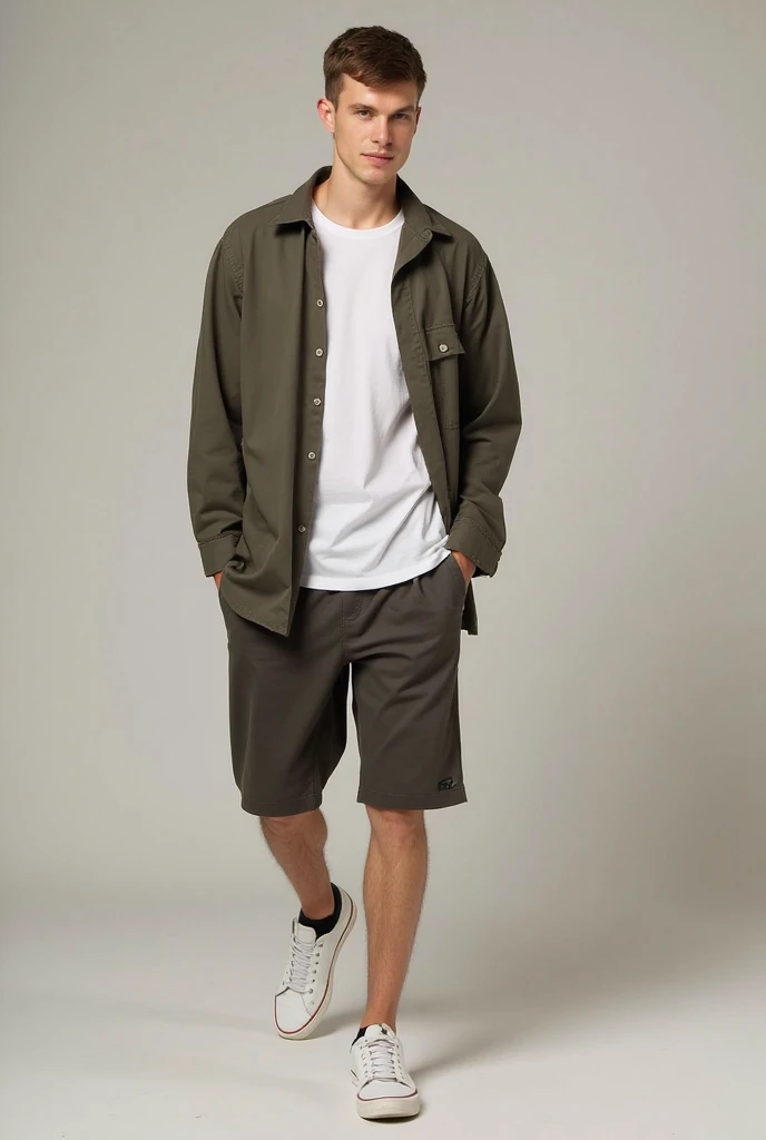 "Modern male model in a runway-style pose, wearing stylish shorts and an oversized casual shirt. Urban and contemporary fashion look. Hair is neatly cut in a classic short style, medium brown color. Neutral background, soft professional lighting, fashion editorial photography style.