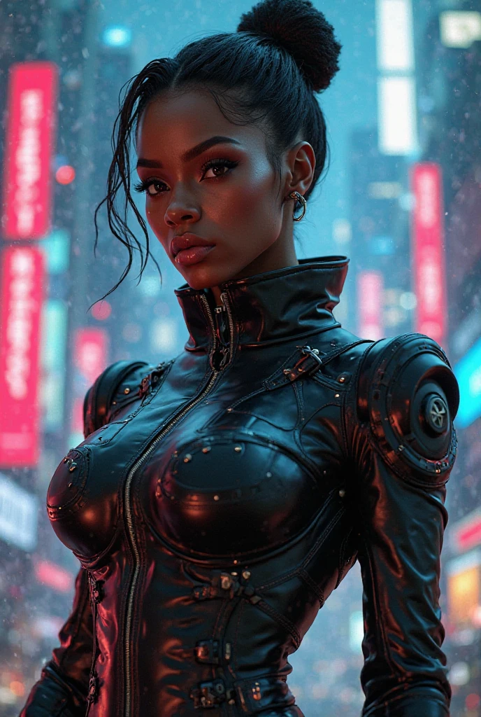 Toned black woman extremely cyberpunk style. Wearing army pants and sheer white bodysuit and a cyberpunk armored jacket atanding on a wet cyberpunk city street with neon signs and lights