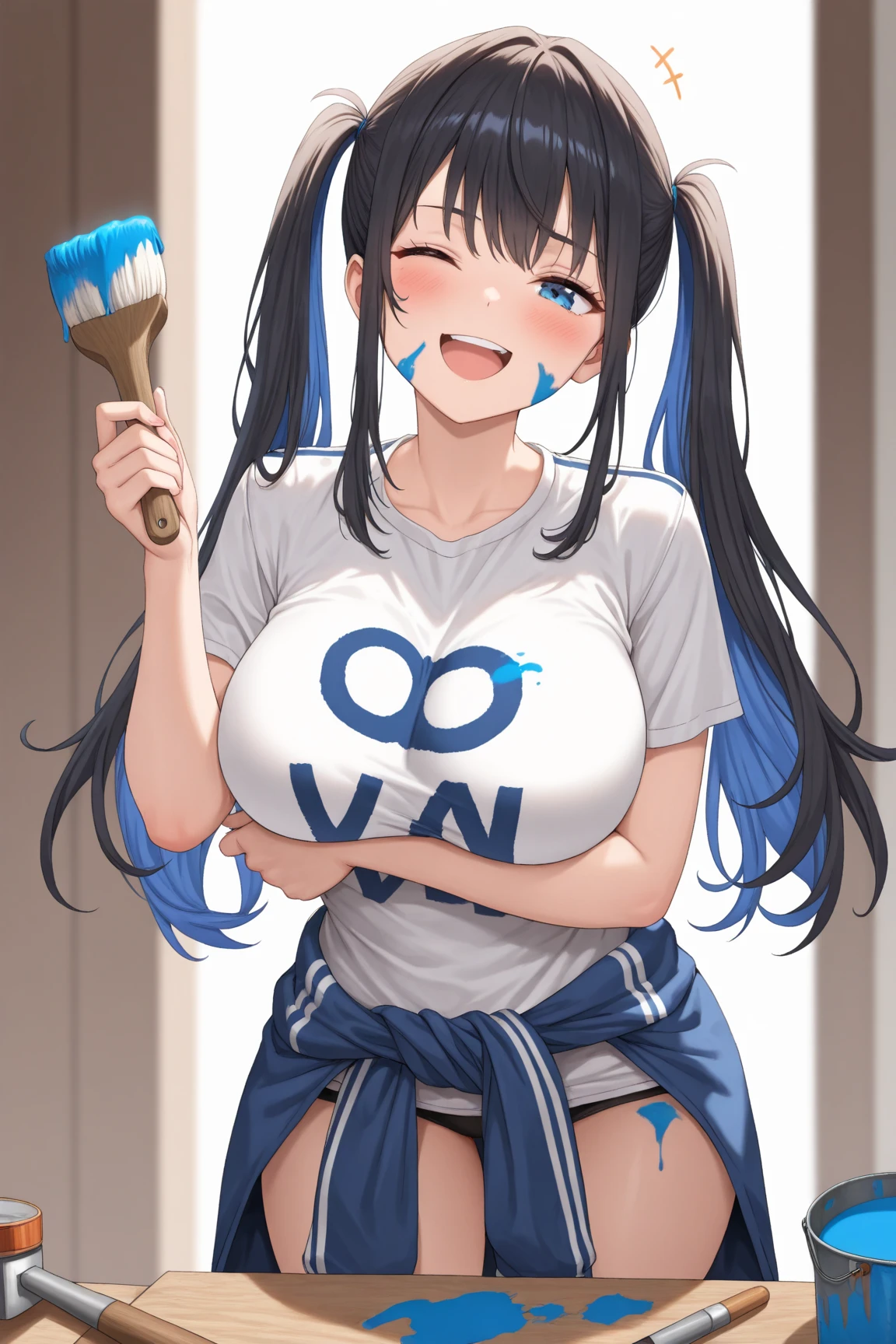 Masterpiece, perfect body, perfect , perfect face, perfect hands, perfect fingers, perfect legs, beautiful, (very huge breasts), beautiful eyes, ((cum on clothes: 1.2)), ((cum on face: 1.4)), erect nipples under clothes, blushing, shocked expression, Uzaki-chan, Hana Uzaki, tight shirt, wet shirt