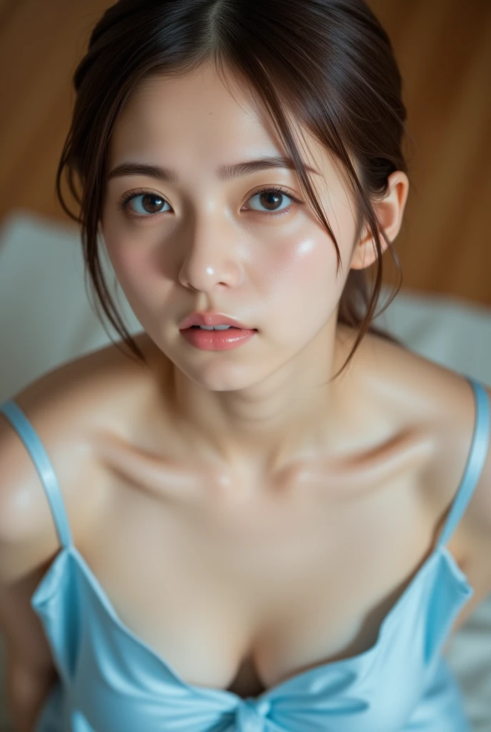 ((highest quality, 8K, masterpiece:1.3)), 1 girl, slim, (Hairstyle Long Hair, big:1.2), (gray Tank Top Pajamas1.3), super slender face, delicate eyes, double eyelid, blush, smile,(bed room:1.0),,((sweaty skin sweaty hair:1.3)),relaxing,(crawling position),transparent clothes(pov:1.2)(school girl),soaking wet,(slightly nipples:1.1),((from_above)),((moody lighting))