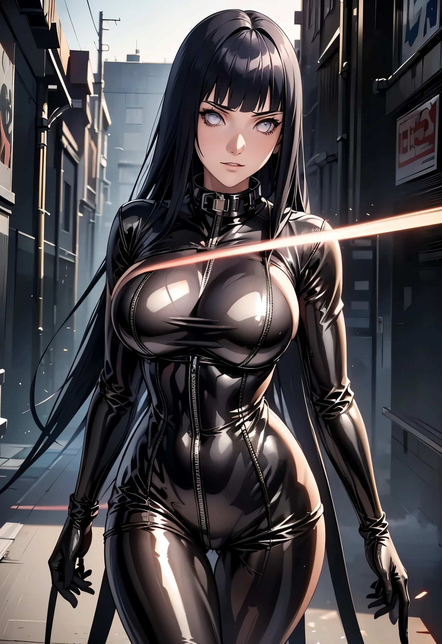 solo, super fine photo, portrait Unreal Engine 5 8K UHD of a girl in a skin tight futuristic black latex battle suit with white jacket, slick black catsuit, black iconic character, smooth black skin, black body, PVC, glossy latex suit, rubber suit, rubber belts, collar, futuristic full face helmet, futuristic rubber glove, futuristic high boots, arm and leg cuffs, straps, cyberpunk world, have a gun, best quality, masterpiece, official art, unified 8k wallpaper, super detailed, sharp focus, dynamic pose, body parts, no extra limbs, precisely anatomy