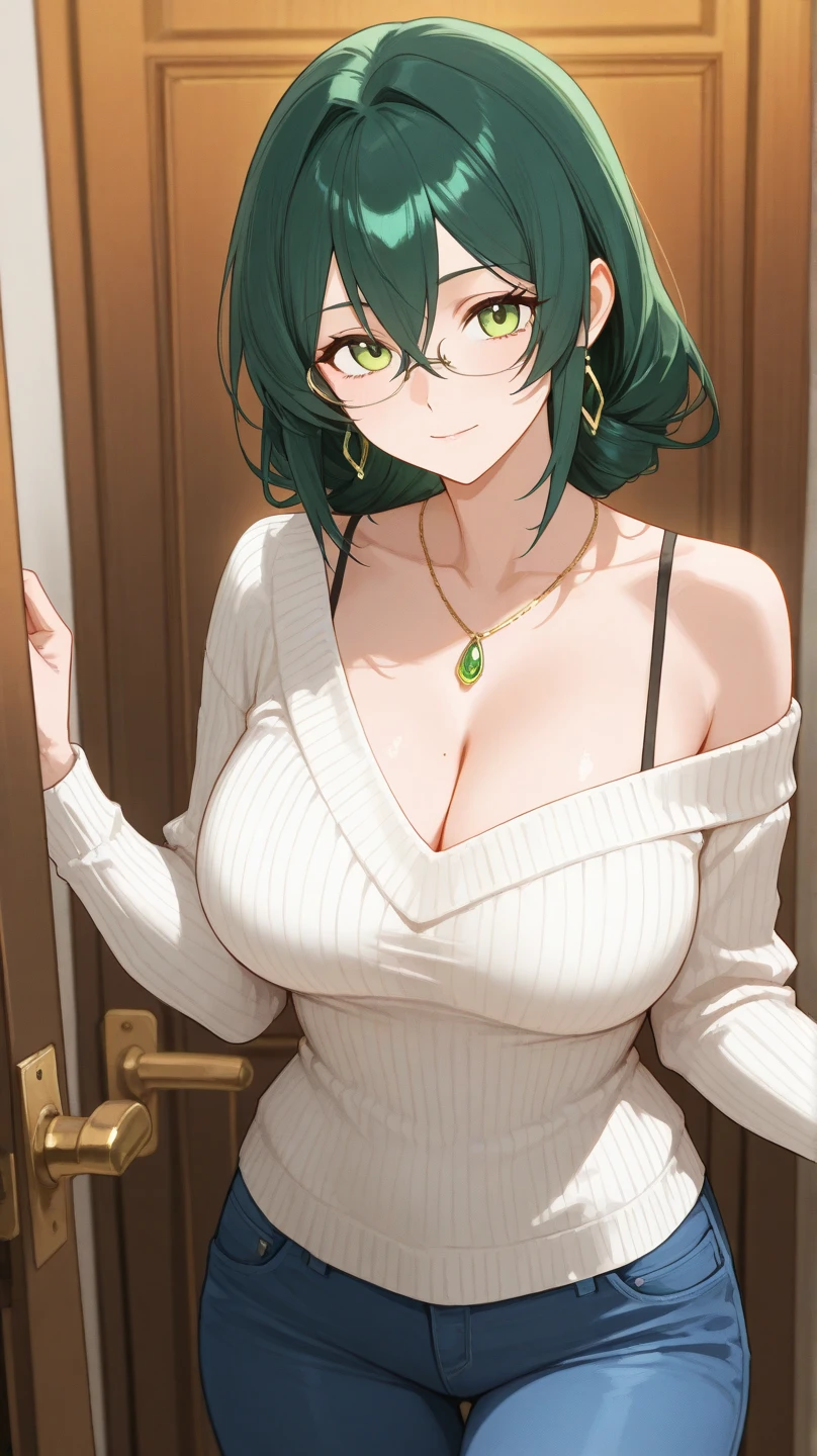 (Masterpiece), Best Quality, ultra-detailed, 1girl ( anosillus II, Slender and sexy body, Big and pretty breasts, naked body, dark green hair, brown eyes, half-closed eyes, spectacles), a shallow face, smirk, parted lips, solo, nose blush, blush, facing viewer, looking at viewer, off shoulder nightgown, see-through nightgown, in the livingroom, night time, standing, Sexy waist teasing,