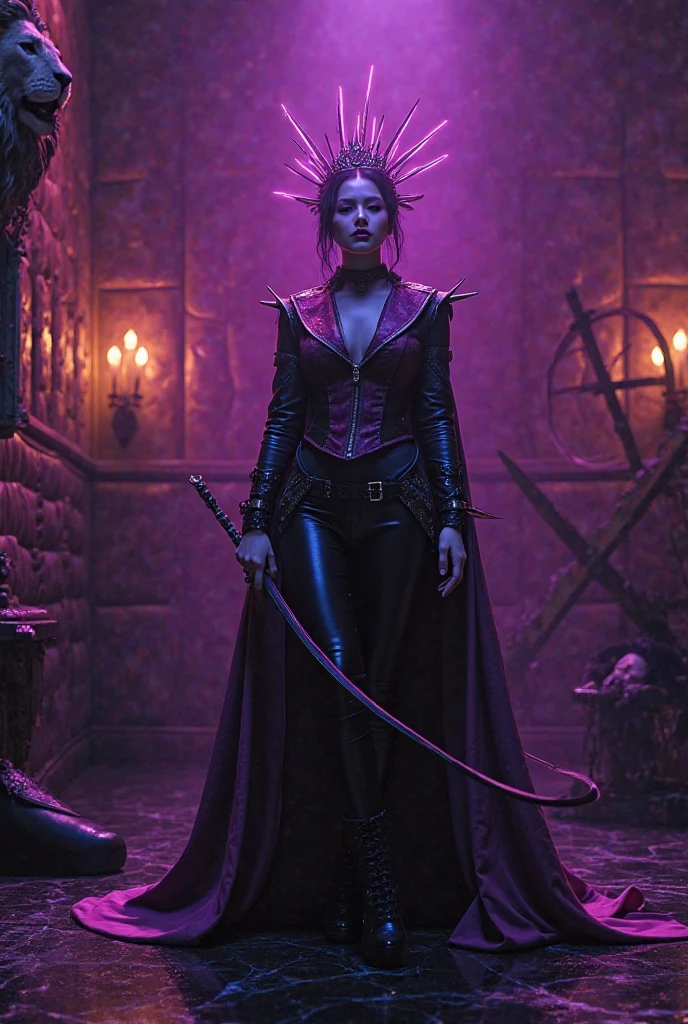 (Seraphina is a tall woman, standing at about 5 feet and 9 inches. Her skin is healthy and smooth, with a pinkish hue like the sunrise. She has dark purple hair that falls to her waist, appearing thick and full. Her eyes are olive-colored, shimmering with intelligence and cunningness. She wears a black robe embroidered with golden symbols, giving off an air of mystery. In her hand she holds a black wand adorned with red gems that emit a faint glow)dramatic lighting, highest quality, Cinematic film still, , grimy, dark atmosphere, toned body, natural lighting, (direct light:0.4), 8mm film grain, photographed on a Sony a9 II, 24mm lens, F/2.8 aperture, deep focus, (RAW), 8k,