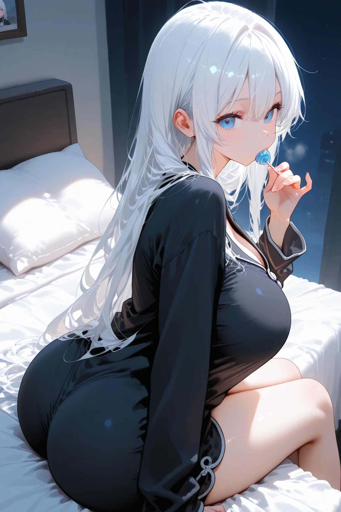 masterpiece, high quality, high detail, 4k, rtx, high resolution,1girl, blue_streaked_hair,hair_over_one_eye, blue_eyes,very long hair,braid,white hair_ornament,white skin,black nail_polish, solo,long sleeves,((black bandeau:1.3)), clothes lift, strapless, microskirt,thighhighs,thighs,: o,cute face,(pov:1.2),(facing viewer:1.2),(Well-shaped and firm huge breasts, developed huge breasts:1.3),(underboob:1.2),bursting breasts,happy,stomach, navel,aged_down,(on side:1.2),sitting,arm support, yokozuwari,on bed