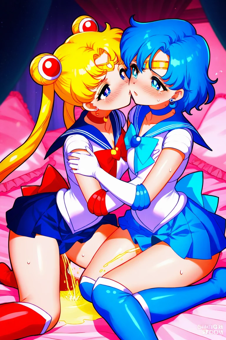 2girls on the bed, kissing each other's ass, photo from behind, hight resolution, top-quality, ultra-quality, The ultra-detailliert, lighting like a movie、full of sweat、Wearing sweat、(((((sexy precure)))))、、、((My whole body is sweaty、after sex、show off your pussy、beautiful nipples))、Obscene atmosphere、((((not wearing underwear、accurate anatomy))))、