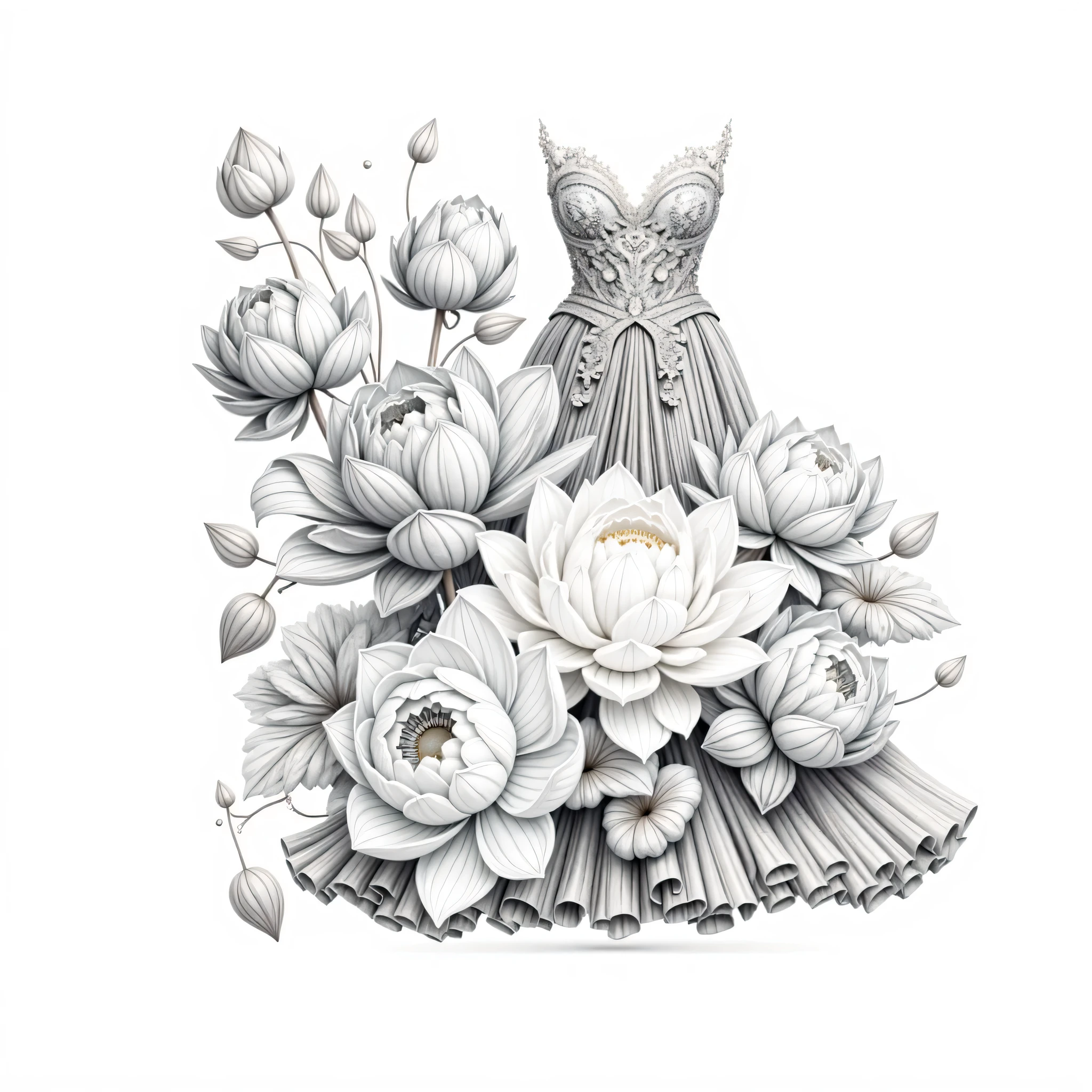 Beautiful line art illustration of an elegant long dress made of lotus flowers on a white background, monochrome, hyperrealistic illustration.