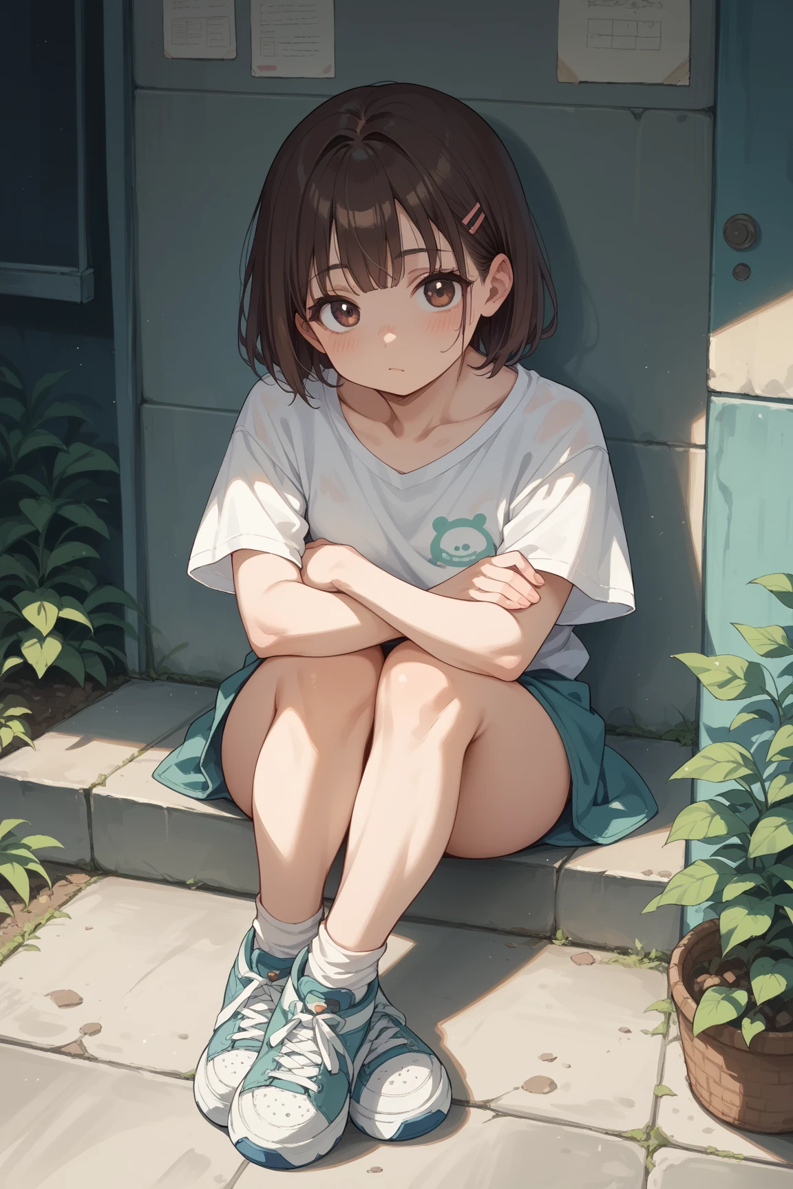 masterpiece, best quality, highres, aalo, short hair, ahoge, blush stickers, collarbone, polka dot dress, blue dress, sleeveless, (short dress), ,(panties),embarrassed face,outdoor,sitting on bench,open legs