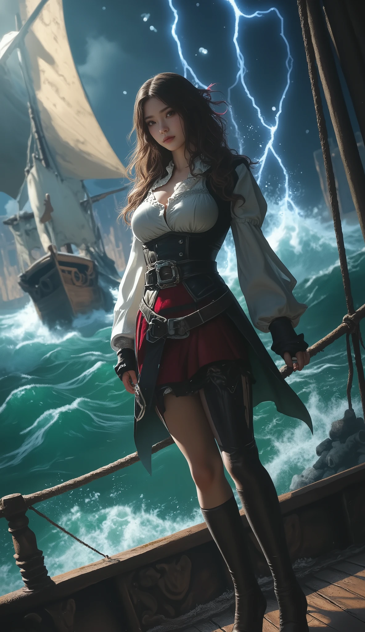 A female pirate in torn clothes stands on a pirate ship in the middle of the ocean, high resolution images 4K,Ultra quality, shadow light