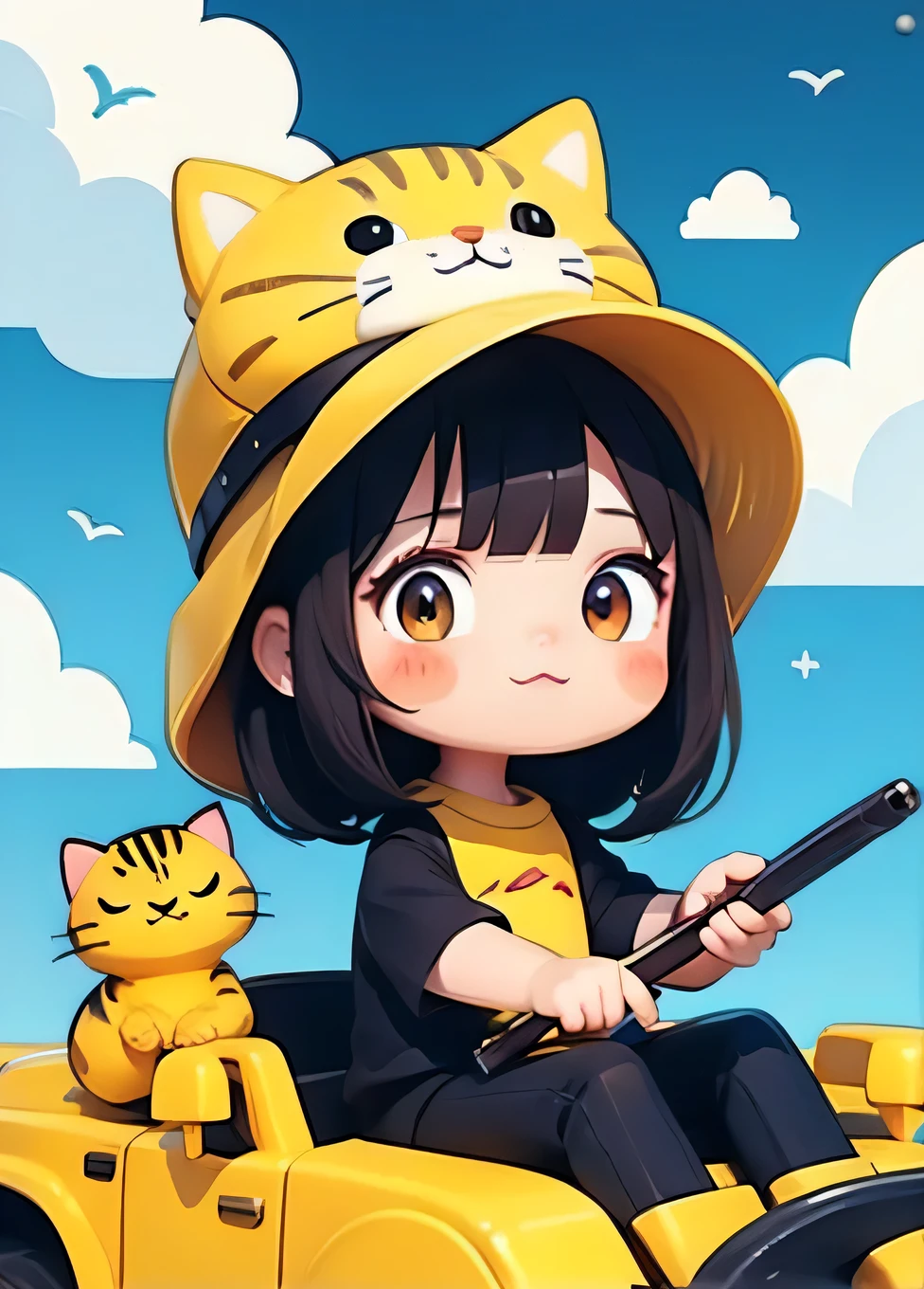 cute comic, 1 magica holding weapon, motor vehicle, tank, cat, hat, yellow, bangs, no nose, blush, cloud, sky