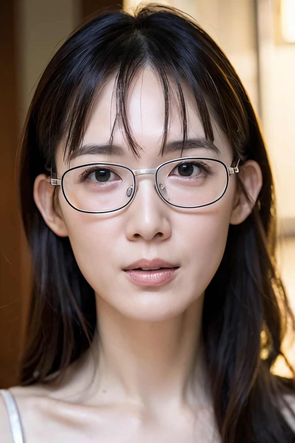 Lots of wrinkles, Best Quality,masterpiece,Ultra High Definition,photo-realistic,1 girl,pool, Woman Giving Fellatio 、
leather swimwear,((glass:1. 25:1.3)))、 full body shot :1.4, very small eyes、Sexual Ecstasy Face:1.2、video viewers、Very slender :1.6、Eyes are close:1.2、
No tear troughs:1.5、(((pale skin)))、
bungs,   very thin  、((Silver-rimmed glasses:1.3))、Very thin face、Thin Nose、Very high nose、Very My eyes are very narrow 、thin lips、 long hair,  long curly hair:1.6、No cheekbones  ,My eyes are very narrow 、the ends of the eyes are raised,very small face、