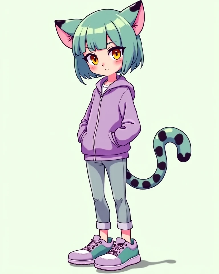 highres,1girl,animal ears,bangs,blush,red and green odd eyes,open mouth,fang,dark-skinned female,hair between eyes,hair ornament,hairclip,looking at viewer,smile,solo,v-shaped eyebrows,thighhighs,underwear,sweater,sneakers,tongue,gal,KEMOMIMI,ponytail,Short messy hair,purple hair,two or more colors,white background,simple background,
