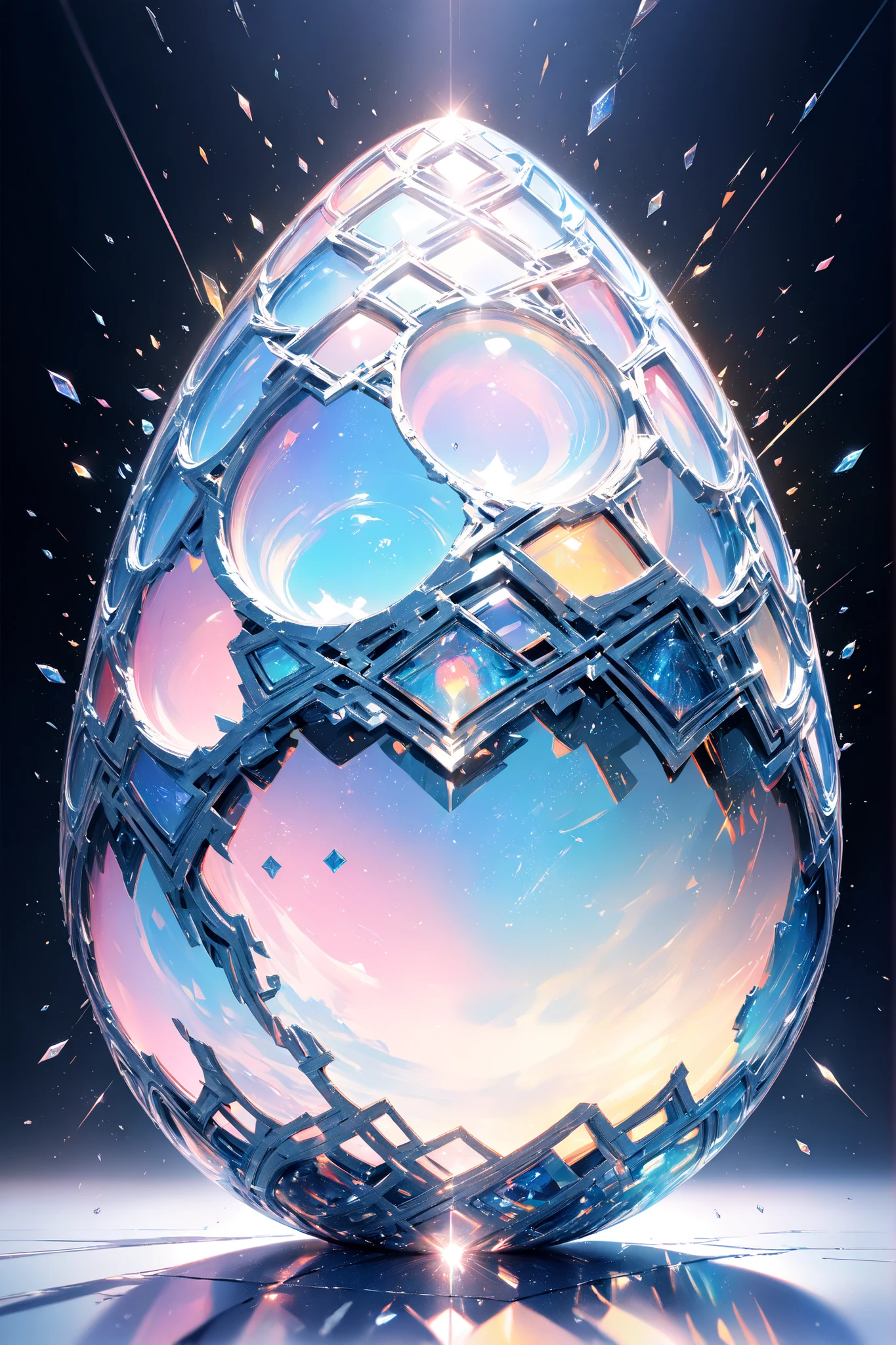 ultra detailed, absolutely resolution, masterpiece, Easter, cracks in a pastel color egg shell create a beautiful, glittering, iridescent kaleidoscope shape, background light blue, highly detailed, sharp focus and contrast, extremely clear image, 2.5D, artistic photography, hyper realistic, effects magic, shading effects magic, lighting effects magic