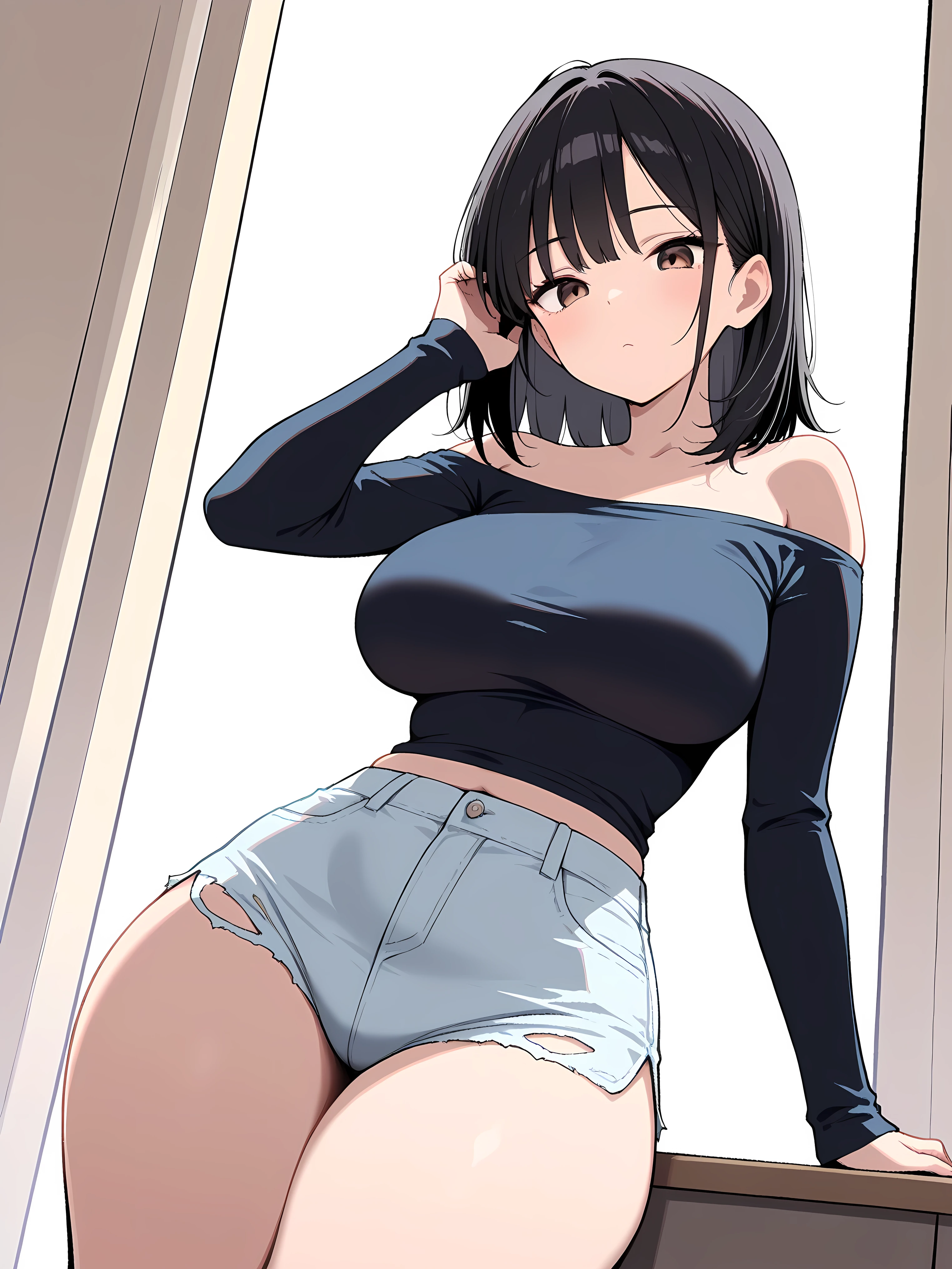 1petite girl, (medium hair, black hair, oval-shaped face), tucking hair behind ear with hand, almond-shaped eyes, dark-brown eyes, (large breast:1.1), (slim 52cm waist), curvy thighs, off-shoulder shirt, Hot pants, (masterpiece, best quality, amazing quality, highres, absurdres)