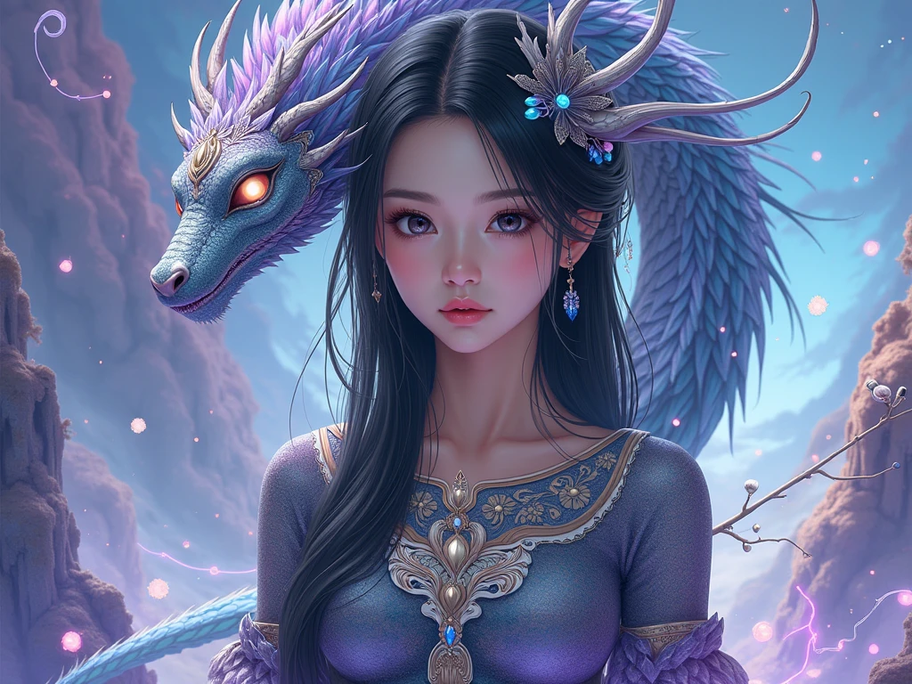 Girl with dragon and book in flower field, Fantasy art style, Detailed fantasy art, Fantasy artwork, Realなファンタジーアート, 4K Fantasy Art, Dragon Girl, epic Fantasy art style hd, HD fantasy art, Fantasy style art, Realなファンタジーアート, epic Fantasy art style, Amazing fantasy art, highly Detailed fantasy art、8K、RAW Photos、Highest quality、Real、Photorealistic、Professional Lighting、mix4、20d、Beautiful Teenage Woman、Japanese、1 female、Big beautiful eyes、Larger breasts