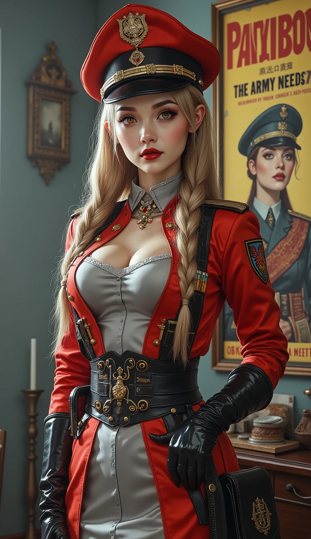 Detailed multi-colored proportions and textures with airbrushed brushstrokes presenting a semi-realistic illustration in Chinese A beautiful and strong young woman wearing an epic fantasy steampunk style military uniform where grayish black tones predominate, mixed with vivid colors (full body, with a confident and bold posture, playful gaze, bright golden yellow eyes, defined eyebrows, long eyelashes, perfect face, full lips, huge round breasts, flat stomach, wide hips, slim waist, thick thighs), Her long straight blonde hair is tied in a (long) braid falling down her back. Her uniform consists of a red, gray and white shirt beautifully decorated with military orders, decorations and medals, a tight high-waisted knee-length pencil skirt and an officer's beret decorated with a military police badge. In the background, an army recruitment poster with bold red letters reading "PATRIOT, THE ARMY NEEDS YOU," and a World War I-style image of two soldiers—two women and one man. The composition, halfway between vintage and cyberpunk, of the overall image is a clean, crisp, and high-quality masterpiece. very balanced saturation across very defined color palettes (Color with intense monochromatic shaded tones and brightness, red hue 25% + yellow 25% + blue 25% + biofluorescent 12.5% + transparencies 12.5%. Aesthetic fusion by (Fibonacci ratio. A realistic doll of a young military woman. of a young military woman (Includes a variety of pink skin and dark beige tones that give it contrast and brightness) type of character. Fluid texture that gives the sensation of movement to the leafy style that molds to the figure (her clothing with relief and folds gives volume and depth to the character). Haute couture photoshoot (high quality full body). Highly detailed and sharp soft focus, approaching perfection, Full HD 8K. High and low angles. by Coco Chanel, Gianni Versace, Alberto Vargas, Greg Rutkowsk fusion of artistic styles.