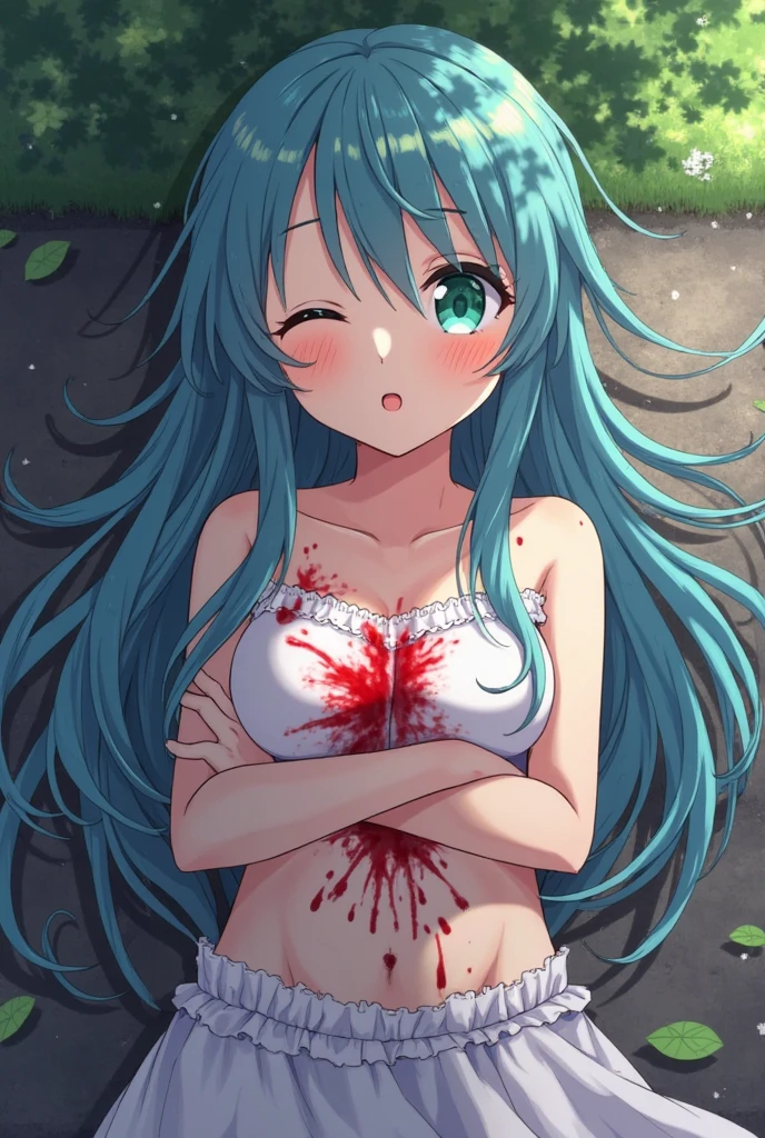 High quality anime style，White Forest，Cute girl，Blue and red highlights long hair，belly button，shy，Nude Girls，Zombie girl，Open Rendering