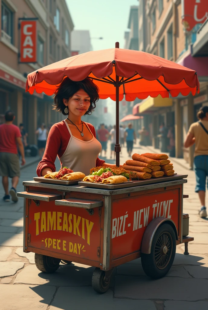 Lara Croft as a saleswoman at a chicken stand