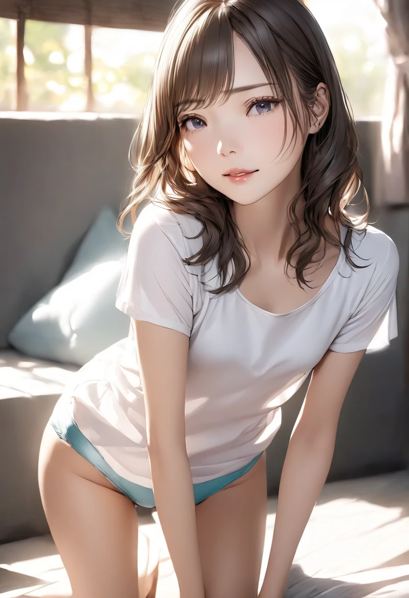 Girl (Masterpiece: 1.4), (8K, Real, Raw Photo, Best Quality: 1.4), Japan Person, (1 Girl), Beautiful Face, (Real Face: 1.4), (Caramel Hair, Long Hair: 1.3), Beautiful Hairstyle, Realistic Blue Eyes, Beautiful Detail Eyes, (Real Skin: 1.3), Beautiful Skin, Attractive, Ultra High Resolution, Ultra Realistic, High Definition, Golden Ratio, (Detailed Face: 1.4), (Anna Tanaka), Wet and sheer tank top, short hair, wet and see-through white see-through panties, NSFW, nipple areola shape clear, look here, sitting on the couch, pubic area shape is transparent and clear, sweat drenched, pose (knees bent and legs wide open), clear unevenness of body, hands in panties