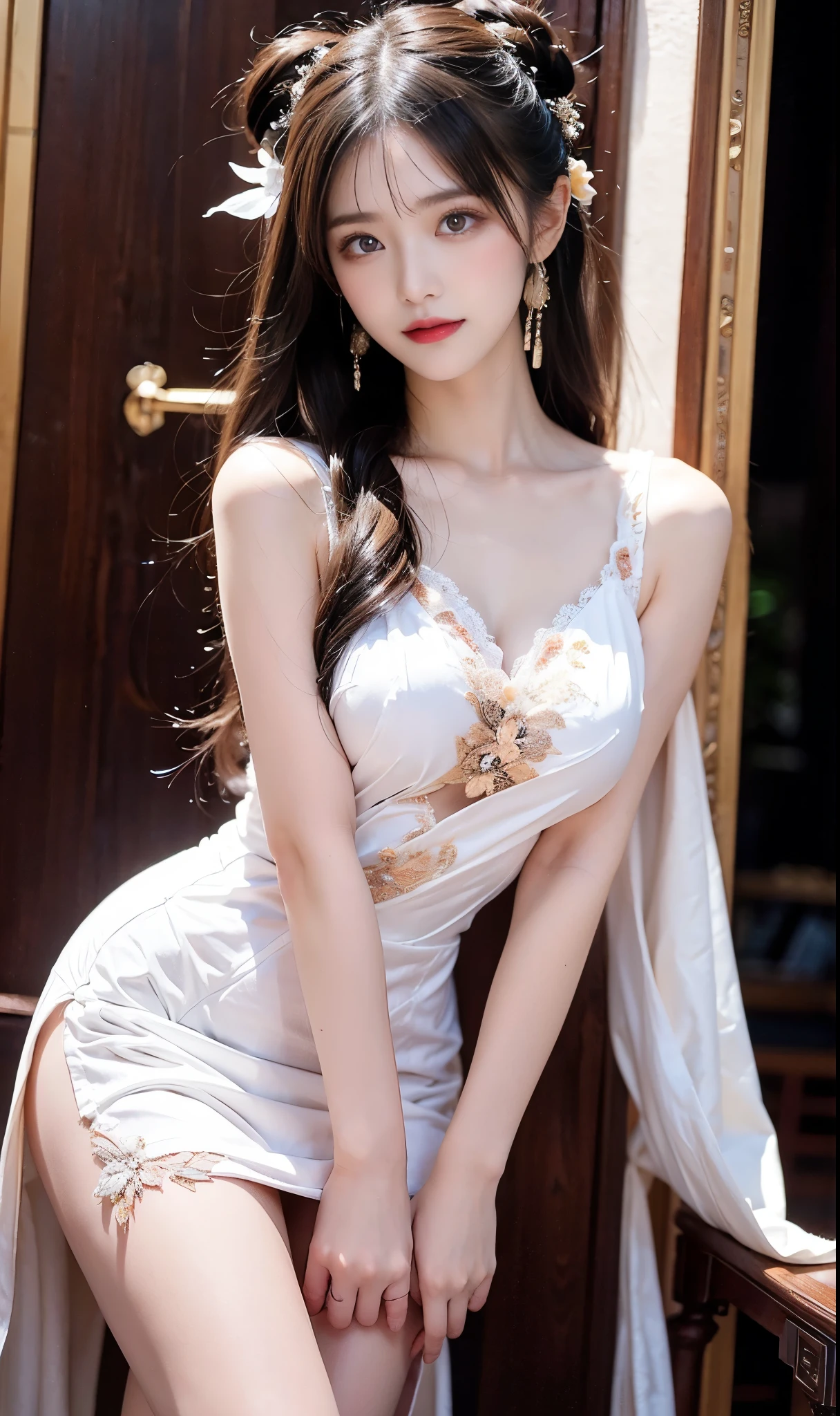 one-girl，a fashion model，18yr old，[[[[Close-up cleavage]]]], [[[[climaxing]]]], [[[[Cole]]]], [[[[bshoulder]]]], perfect  eyes, Perfect iris，perfect lips，perfect teeth，Perfect Skin，with fair skin，HighDynamicRange，Movie Girl，(delicated face)，(Highly defined faces)，（White under underwear），(Raised sexy)，(Long hair with a shawl)，Bedrooms，（kneeling on a bed），（Beautiful curves,Slim,Attractions），green trees outside the window，fresh flowers，4K Ultra HD, 超高分辨率, (realistically: 1.4), Best quality，tmasterpiece，（pastel colour：1.2）
