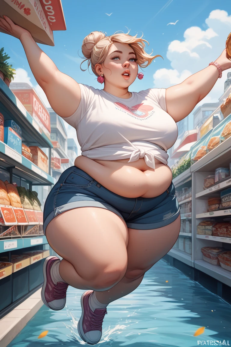 a mature woman, 40-year-old woman, gray hair, short to her shoulders, blue eyes, thin lips, round face, mature woman's face, large breasts wearing a light gray cotton t-shirt ((with neckline)),((belly appearing)), tight shorts, wearing red sneakers with short socks, ((chubby, chubby woman)), supermarket aisle scene, canned goods aisle, looking at viewer, naive look