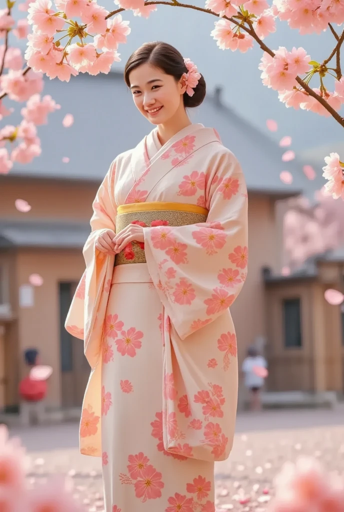 Japanese girl in kimono under a cherry blossom tree，Smile，sweet - SeaArt AI