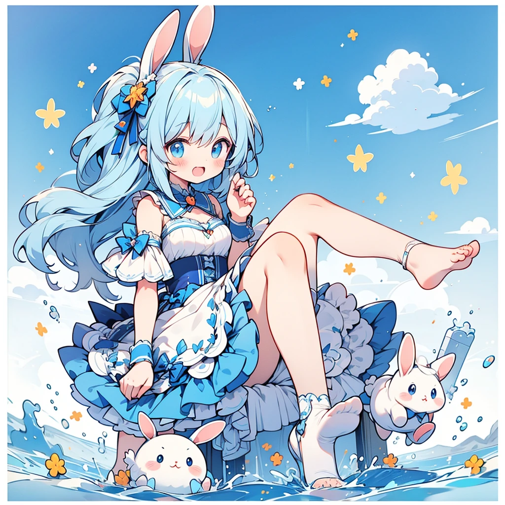 Whole BodyEsbian、Standing picture,full-body shot,a girl,((((white or black pantyhose))))、((((bule or purple pantyhose)))),((((green or yellow pantyhose)))),((Wear sneakers)),blue swimsuit bikini,seabed,dolphin,shell,Crab,an octopus,treasure chests,beach,There is a pair of large wings behind him,There are many ornaments hanging on the body,Trident in hand,jewelry,Blue and white hair,short sleeves,Off the shoulders,There is a gem inlaid on the forehead,blue bow,Swimming rings,heterochromatic pupils,Double tail,shy,blush,,masterpiece,Top image quality,top quality,A big gem is embedded in the chest,super long hair,animal ears,white hair,exquisite eyes、beautiful girl、Plump cheeks,ribbon、kawaii、loli、leg rings,with headphones,cute big breasts,
