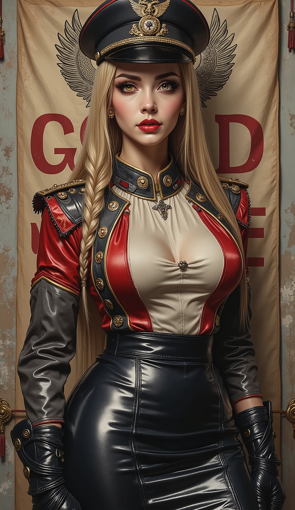 Detailed multi-colored proportions and textures with airbrushed brushstrokes presenting a semi-realistic illustration in Chinese A beautiful and strong young woman wearing an military uniform style epic fantasy, gothic armor where grayish black tones predominate, mixed with vivid colors (full body, with a confident and bold posture, playful gaze, bright golden yellow eyes, defined eyebrows, long eyelashes, perfect face, full lips, huge round breasts, flat stomach, wide hips, slim waist, thick thighs), Her long straight blonde hair is tied in a (long) braid falling down her back. Her uniform consists of a red, gray and white shirt beautifully decorated with military orders, decorations and medals, a tight high-waisted knee-length pencil skirt and an officer's beret decorated with a military police badge. In the background, a cloth army banner with bold red letters reading "GOD, EMPIRE, AND LIBERTY" and an image in the style of noble house emblems of a dragon with open wings. The composition, halfway between vintage and cyberpunk, of the overall image is a clean, crisp, and high-quality masterpiece. very balanced saturation across very defined color palettes (Color with intense monochromatic shaded tones and brightness, red hue 25% + yellow 25% + blue 25% + biofluorescent 12.5% ​​​​​​+ transparencies 12.5%. Aesthetic fusion by (Fibonacci ratio. A realistic doll of a young military woman. of a young military woman (Includes a variety of pink skin and dark beige tones that give it contrast and brightness) type of character. Fluid texture that gives the sensation of movement to the leafy style that molds to the figure (her clothing with relief and folds gives volume and depth to the character). Haute couture photoshoot (high quality full body). Highly detailed and sharp soft focus, approaching perfection, Full HD 8K. High and low angles. by Coco Chanel, Gianni Versace, Alberto Vargas, Greg Rutkowsk fusion of artistic styles.