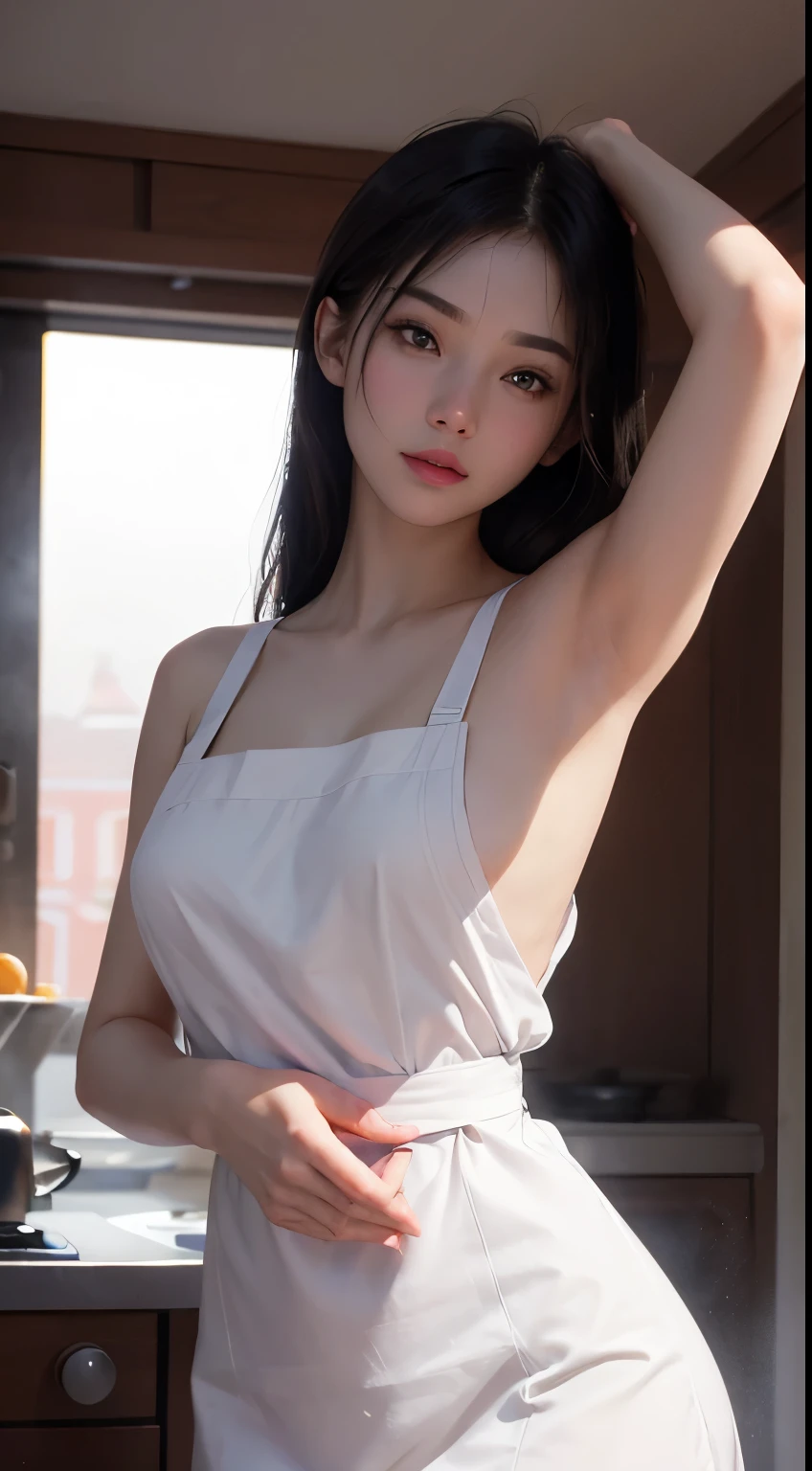 (((best quality))),(((ultra detailed))),(((masterpiece))),illustration, 1girl,female butcher,solo,(short ponytail:1.2),((sweat,shiny skin)),((slim,thin,small breasts,flat chest)),((bare shoulder,bare arms)),(apron splattered with bloodstains:1.3),((gloves)), plainradiant face, hint of smile,standing,arms behind back,gentle and innocent nature,spacious warehouse, (shelves was full filled with fresh meat:1.5), stark white walls, contrasting red and pink hues, Calm and composure, sense of warmth and humanity, natural lighting, sunlight, silhouette, delicate frame, graceful posture, unique and intriguing moment, resilience and adaptability of the human spirit,indoor,((upper body,from front))
