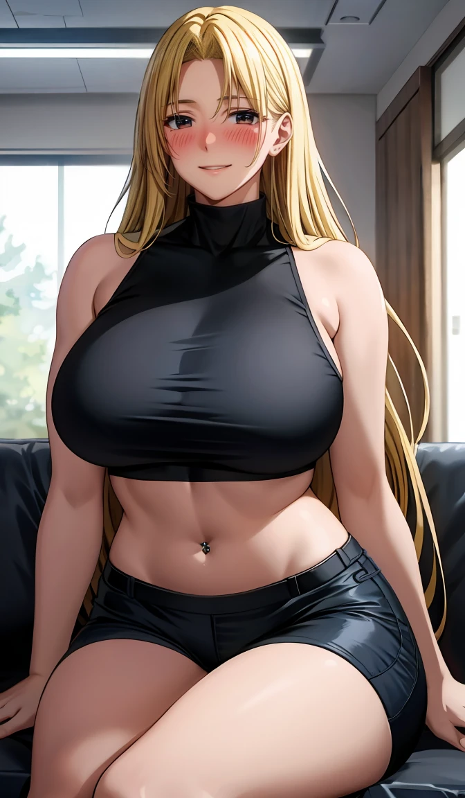 Yuki tsukumo from jujutsu kaisen, long hair, blonde hair, front view detailed body, long belly, big , tight body , thicc breast , thicc thighs, standing , front shot, facing at viewer, cowboy shot, white skin, solo, straight shoulder length hair, curtain bangs, underboob, very wide hips, large ass, narrow waist, thick thighs, black crop top, black booty shorts, sultry smile, navel piercing, underboob, cleavage, living room, sitting on couch, blizzard outside, looking at viewer, facing at viewer, muscular woman