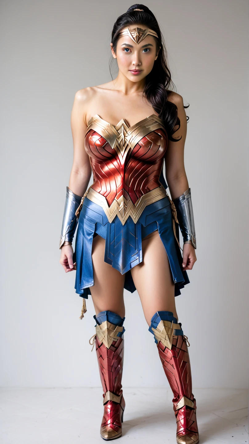 Wonder woman big tits, stands amid destruction. In pantyhose and blue-red latex. Wonder Woman Costume